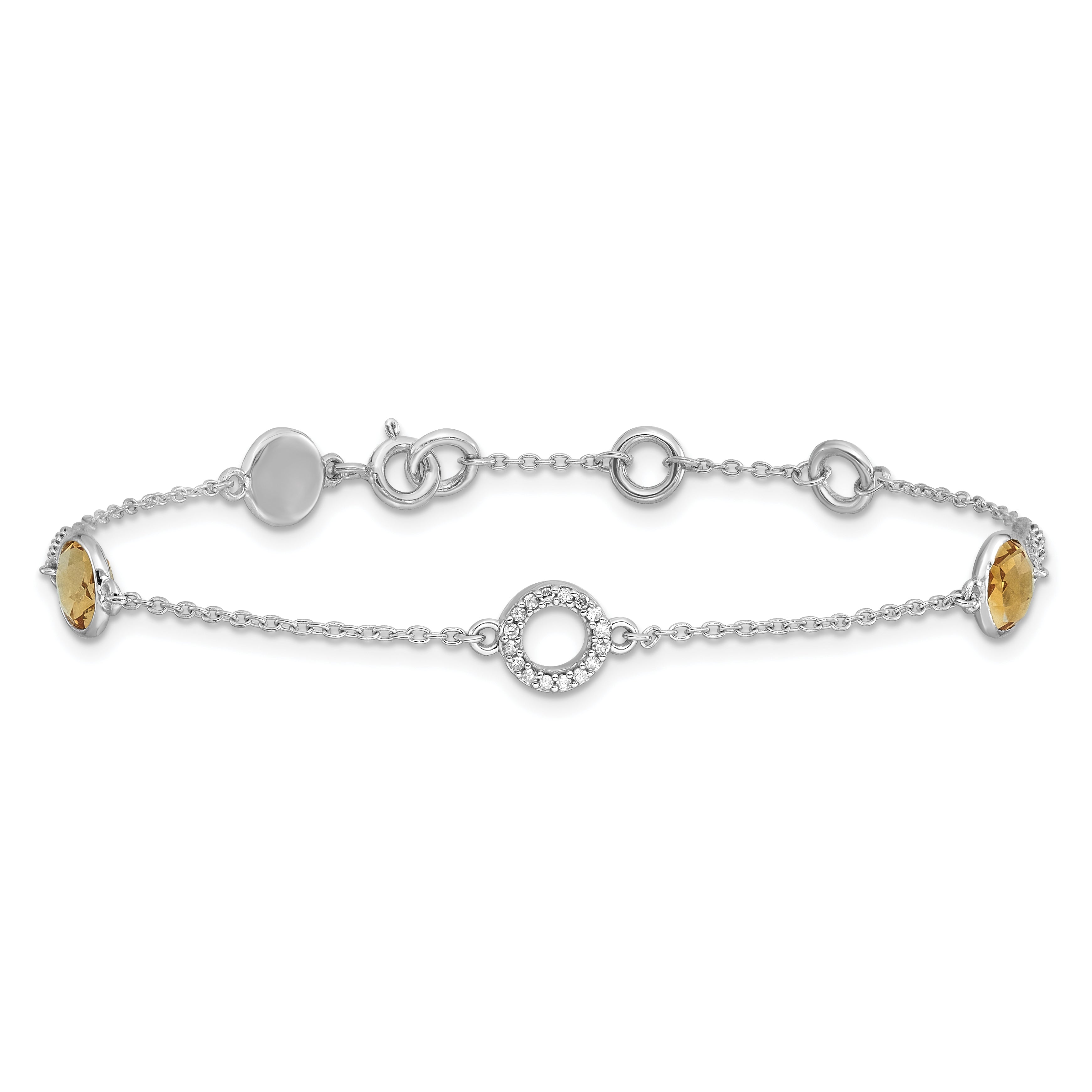 Sterling Silver RH Plated White Ice Diamond & Citrine 1IN Ext. Bracelet