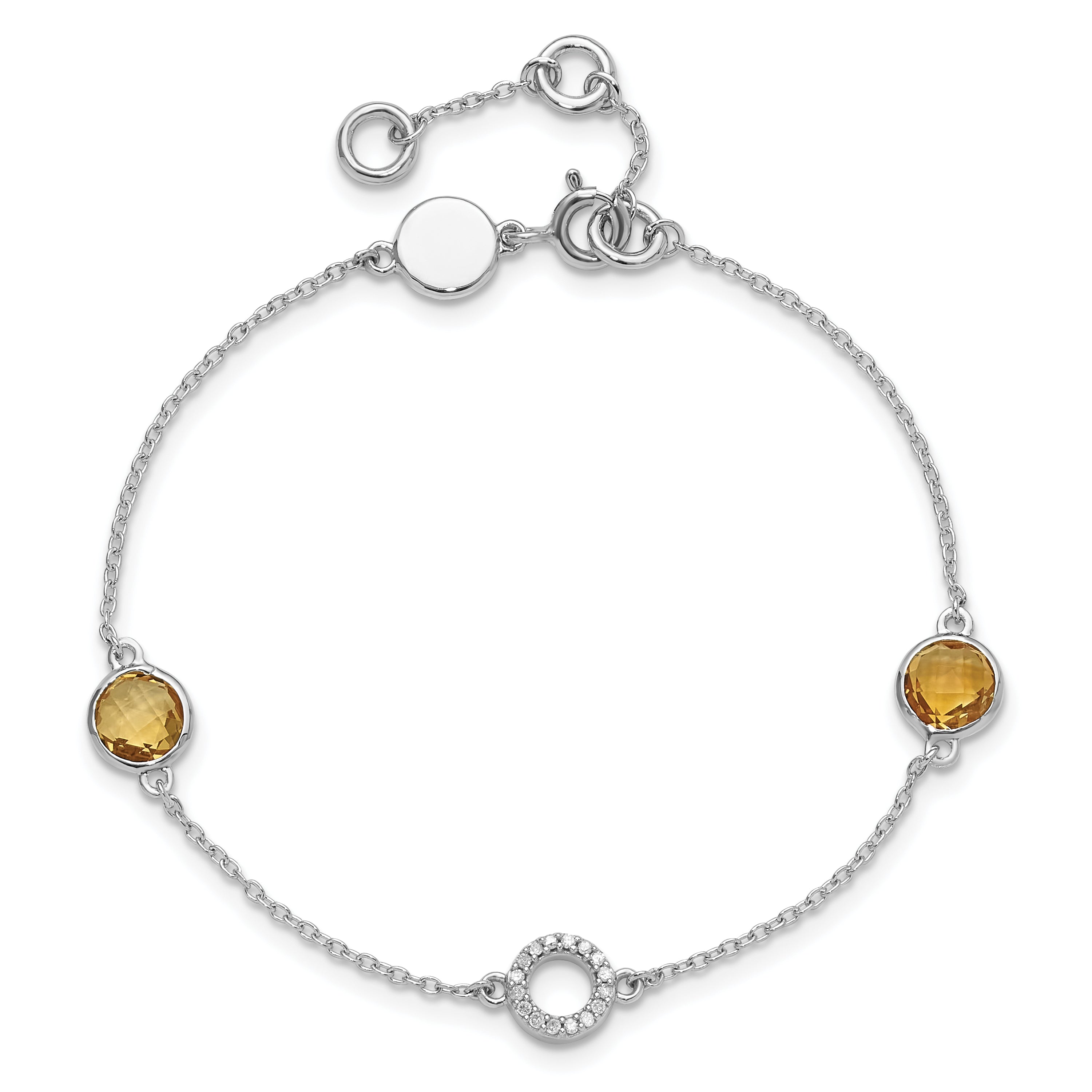 Sterling Silver RH Plated White Ice Diamond & Citrine 1IN Ext. Bracelet