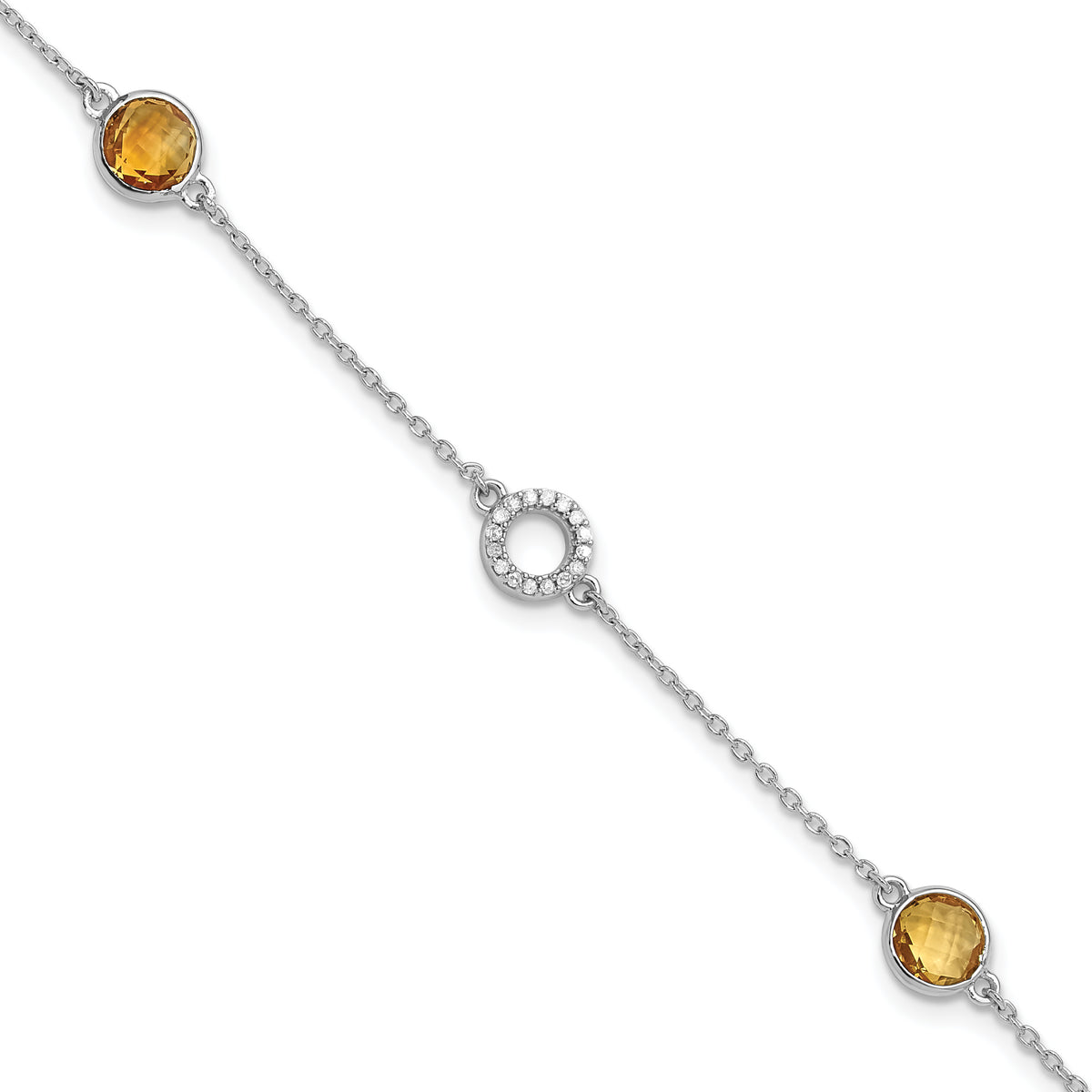 Sterling Silver RH Plated White Ice Diamond & Citrine 1IN Ext. Bracelet