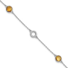 Sterling Silver RH Plated White Ice Diamond & Citrine 1IN Ext. Bracelet