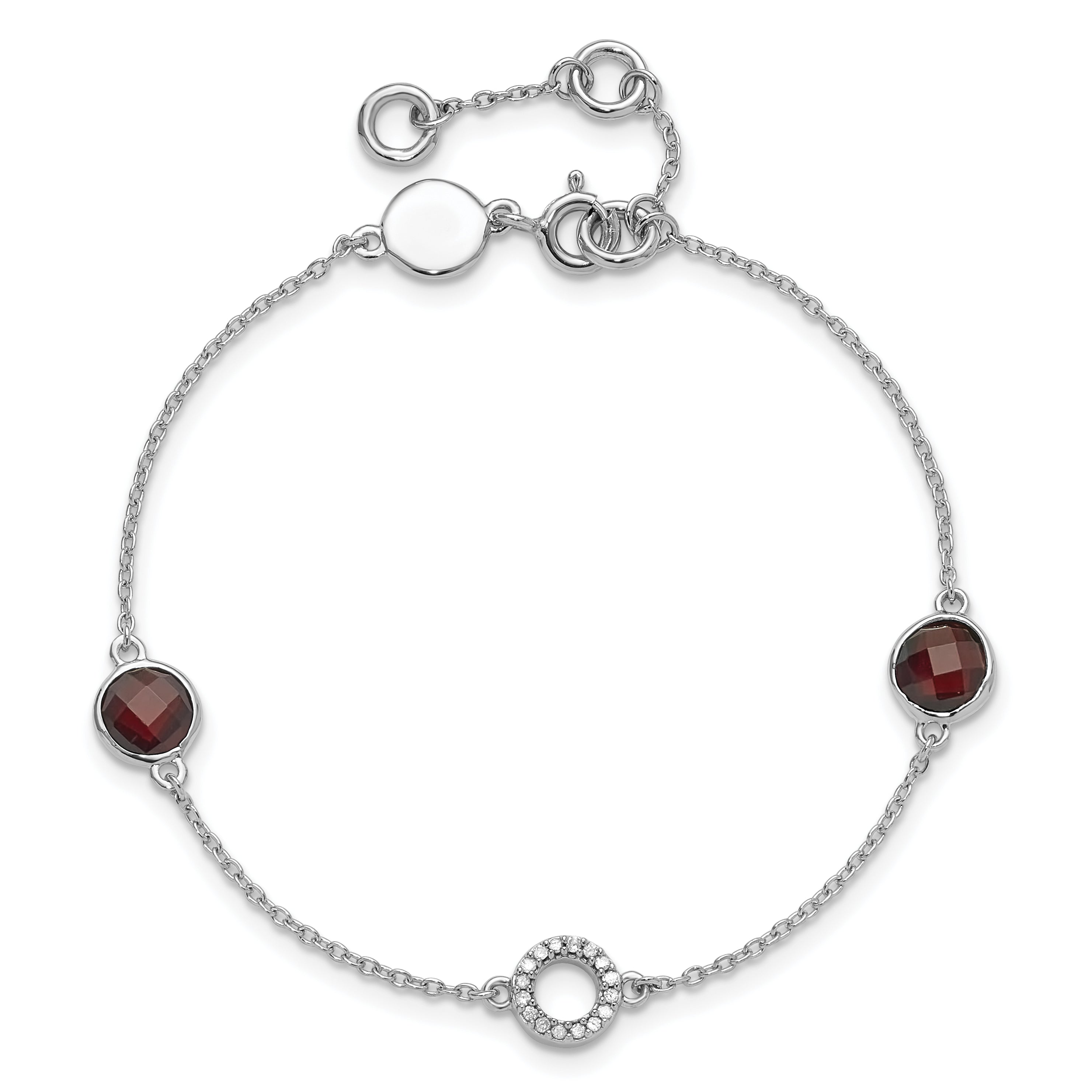 Sterling Silver RH Plated White Ice Diamond & Garnet w/1IN Ext. Bracelet