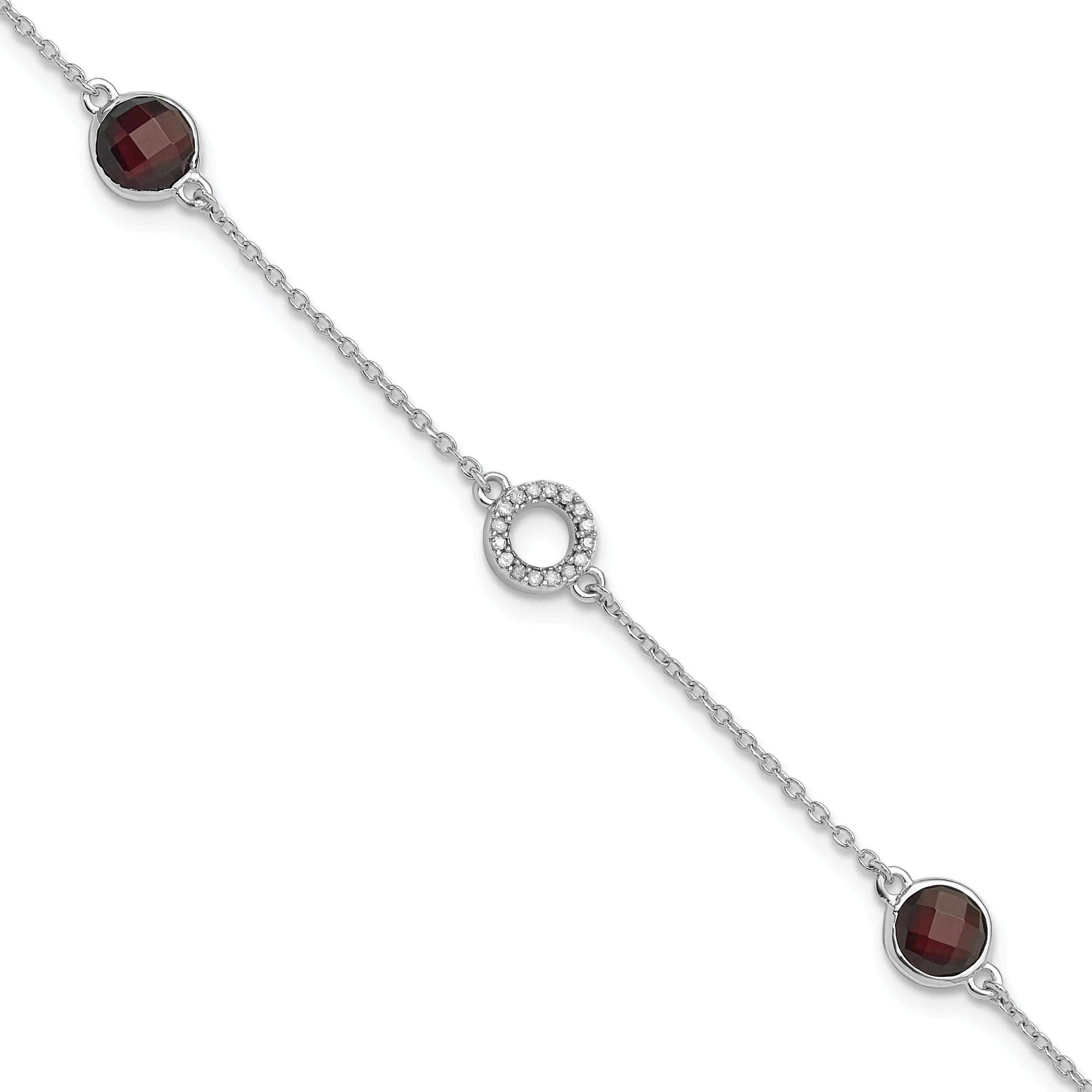 Sterling Silver RH Plated White Ice Diamond & Garnet w/1IN Ext. Bracelet