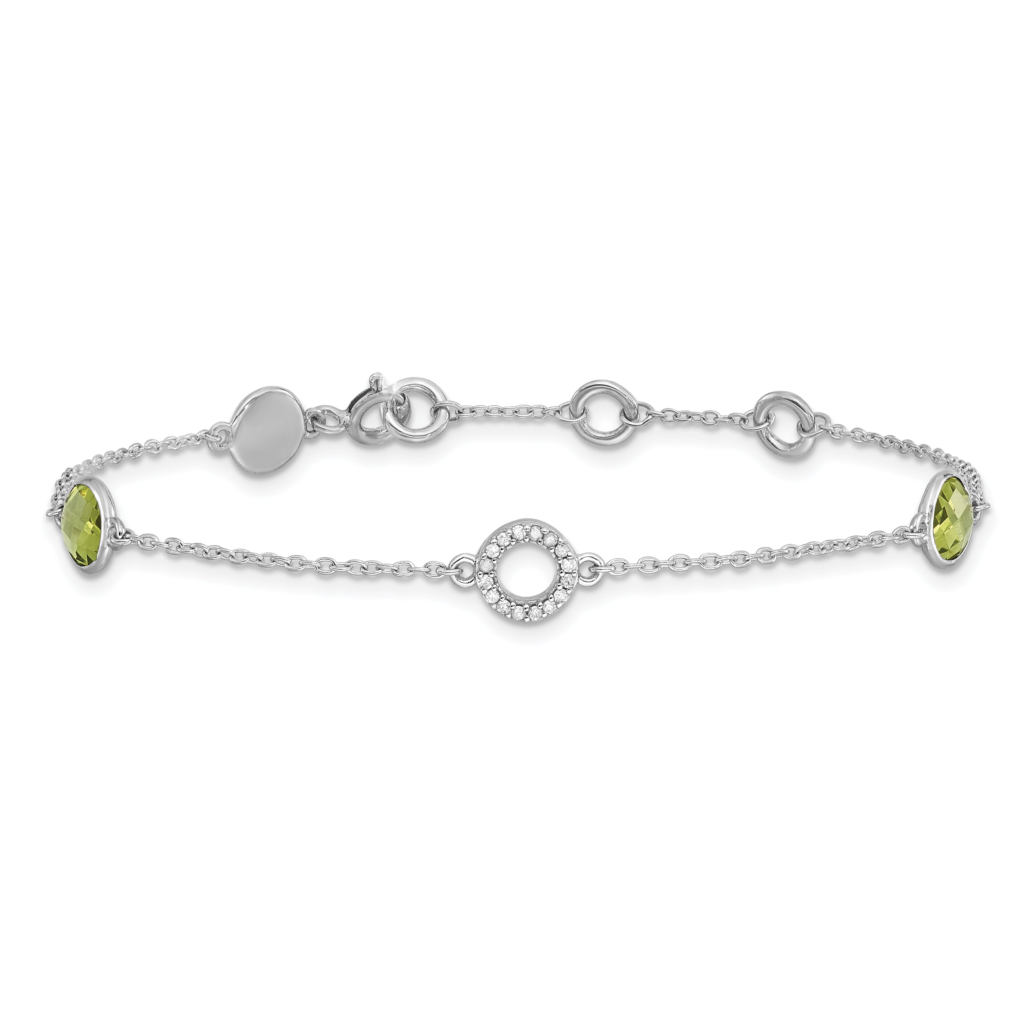 SS RH Plated White Ice Diamond & Peridot w/1IN Ext. Bracelet