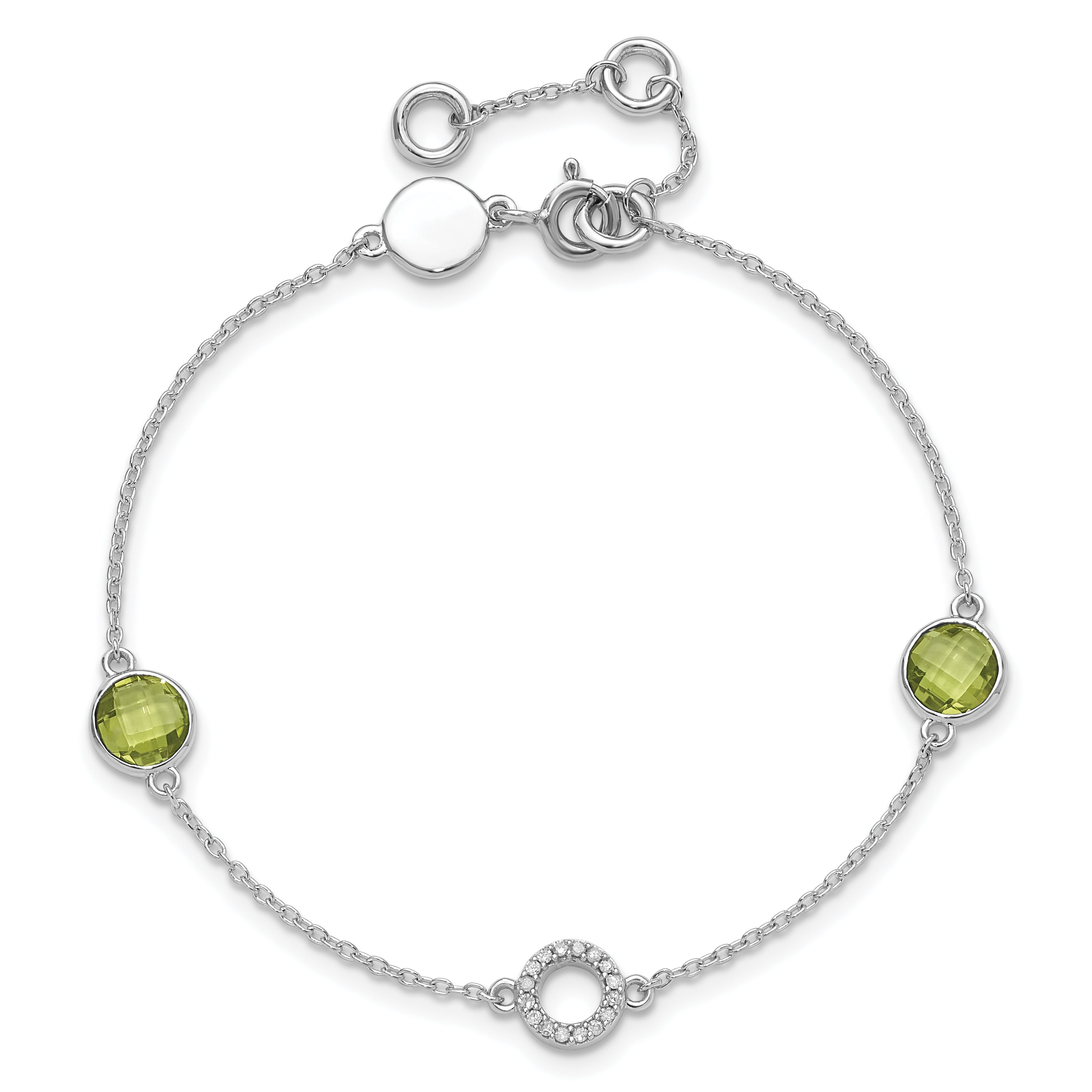 SS RH Plated White Ice Diamond & Peridot w/1IN Ext. Bracelet