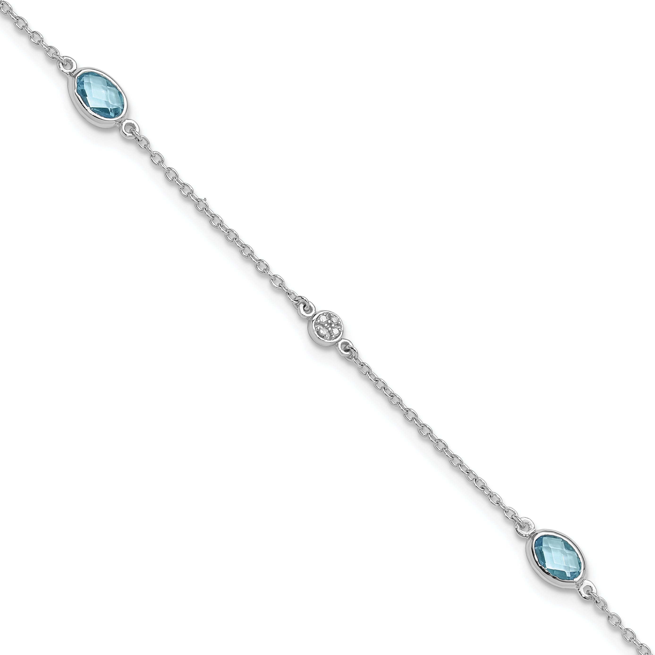 SS RH Plated White Ice Diamond and Blue Topaz with 1.25 IN Ext Bracelet