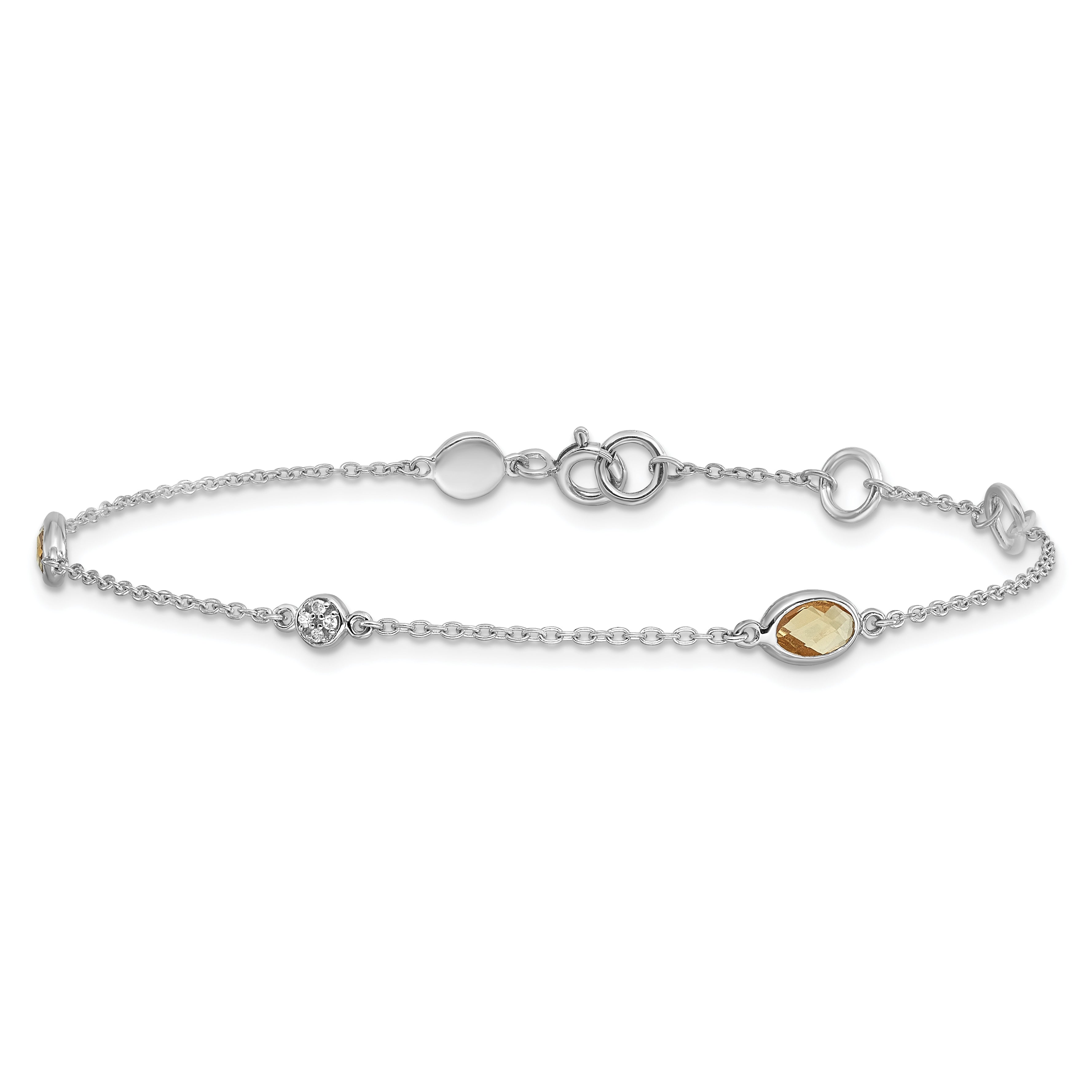 SS RH Plated White Ice Diamond and Citrine with 1.25 IN Ext Bracelet