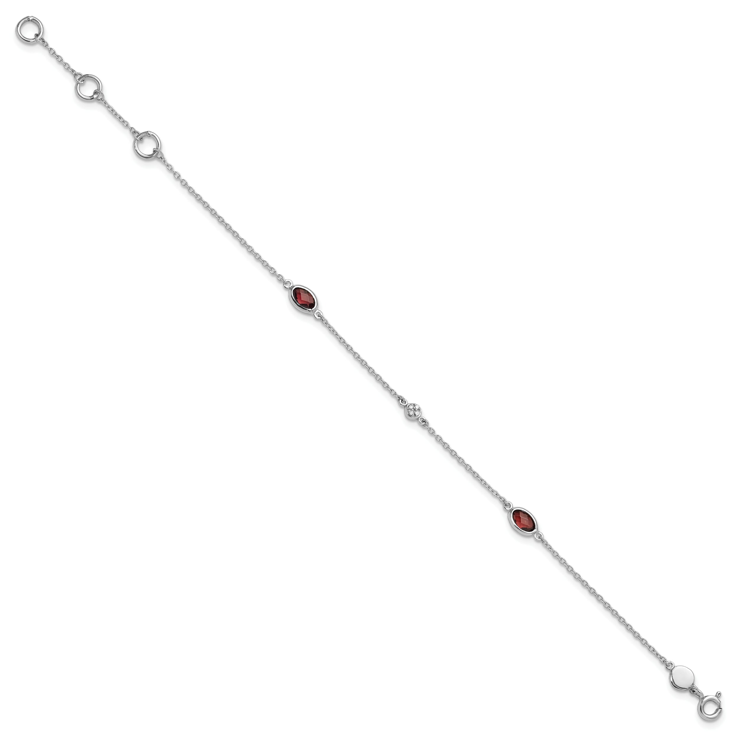 SS RH Plated White Ice Diamond and Garnet with 1.25 IN Ext Bracelet