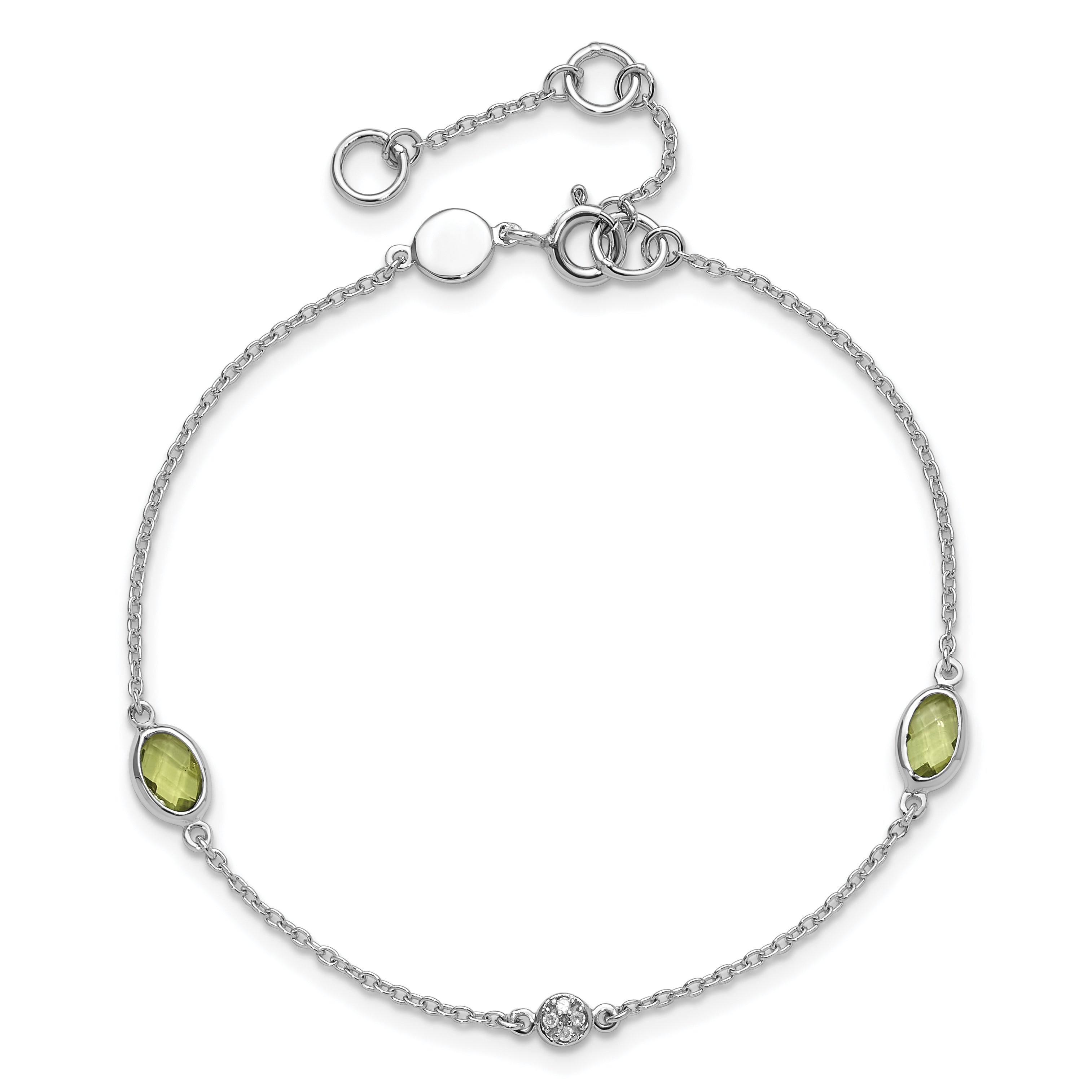 SS RH Plated White Ice Diamond and Peridot with 1.25 IN Ext Bracelet