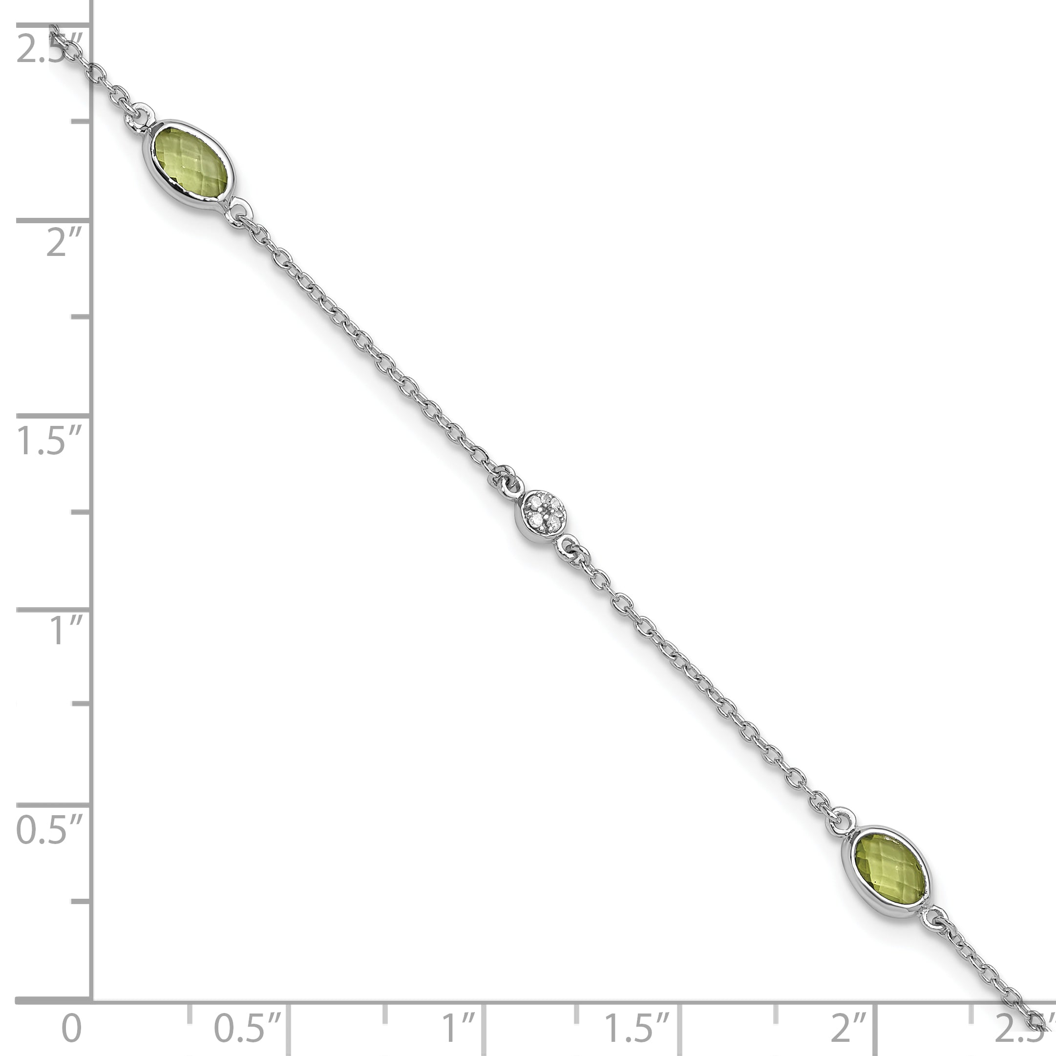SS RH Plated White Ice Diamond and Peridot with 1.25 IN Ext Bracelet