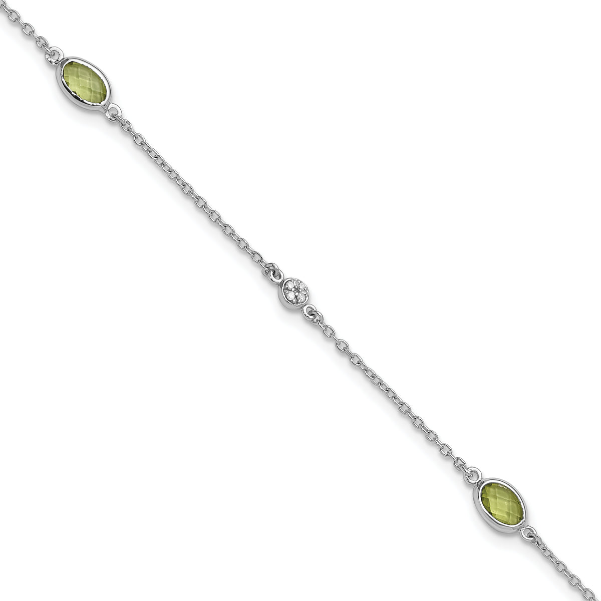 SS RH Plated White Ice Diamond and Peridot with 1.25 IN Ext Bracelet