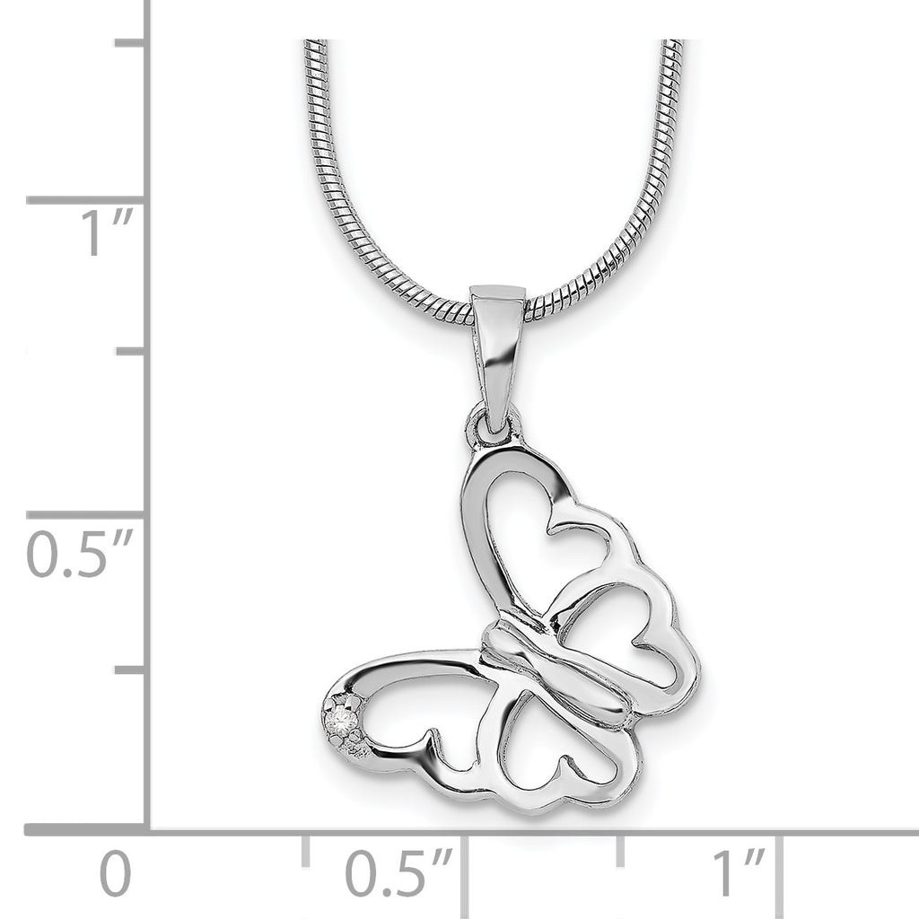 Sterling Silver Rhodium-Plated Diamond Butterfly Necklace with Extender