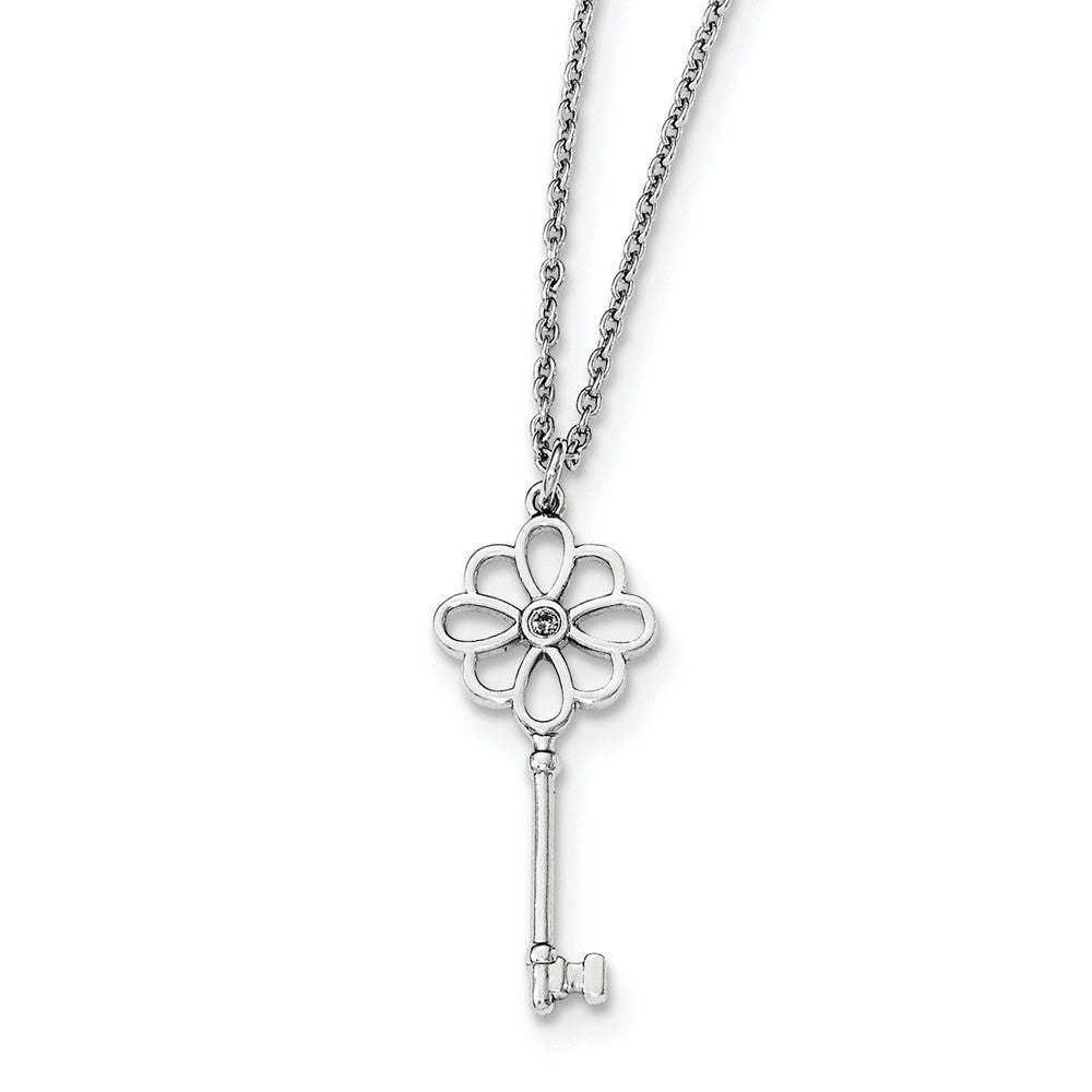 SS White Ice Diamond Flower Key 18in w/2in EXT Necklace