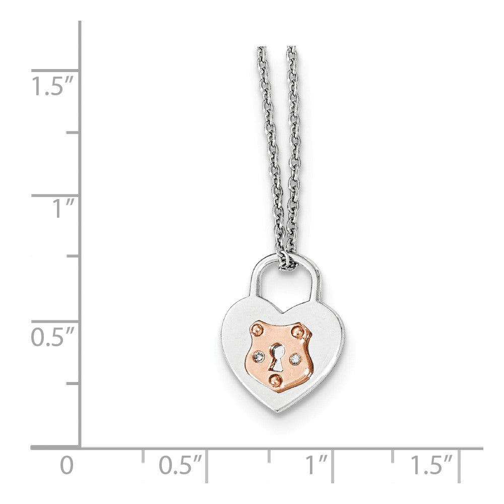 925 Sterling Silver Diamond Heart Lock Necklace with Rose Gold Plating - 18