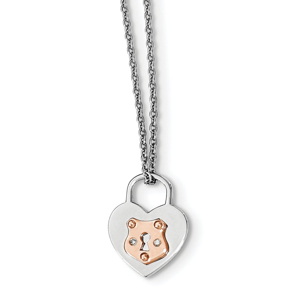 925 Sterling Silver Diamond Heart Lock Necklace with Rose Gold Plating - 18