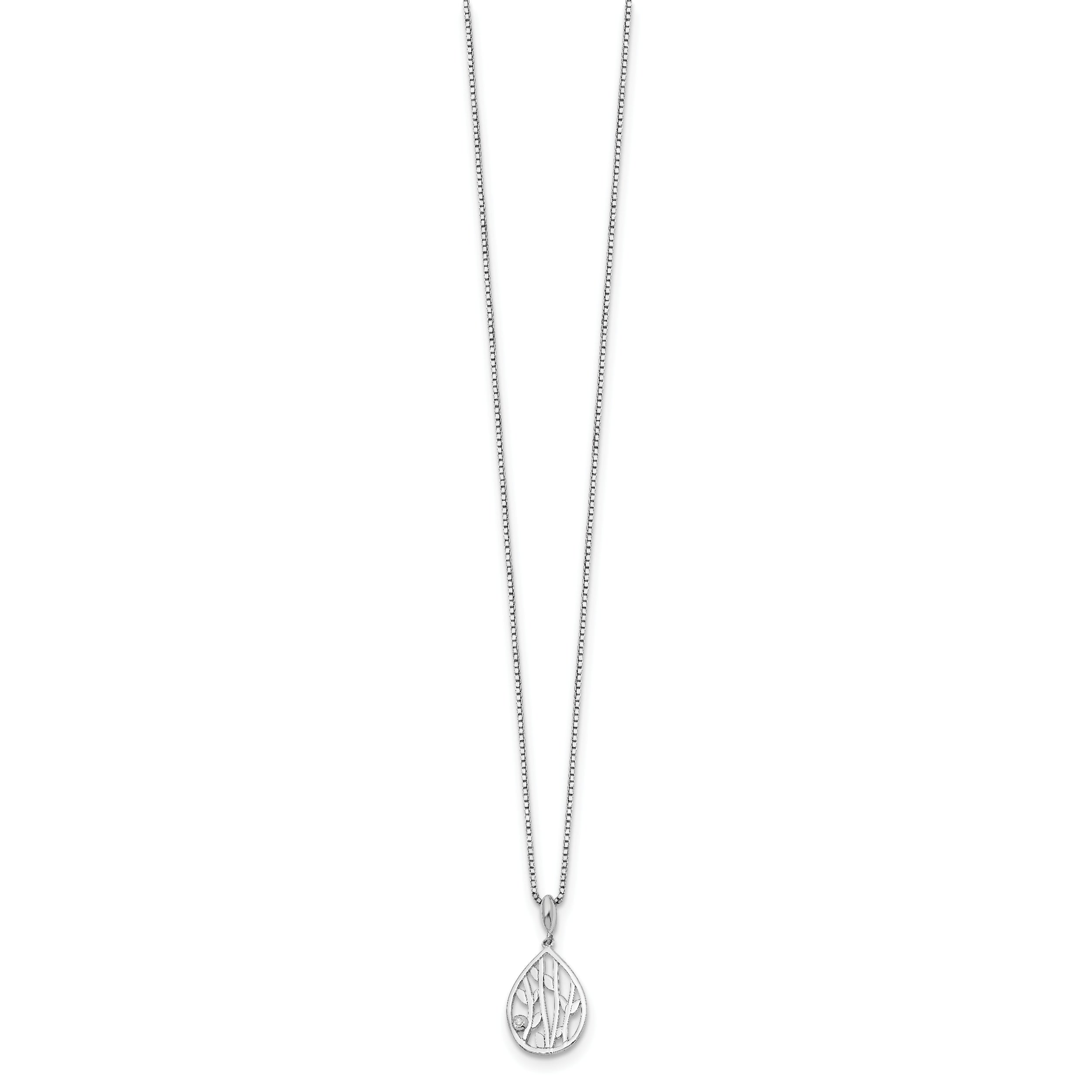 Sterling Silver Diamond Leaf Pendant Necklace with Rhodium Finish and Extender