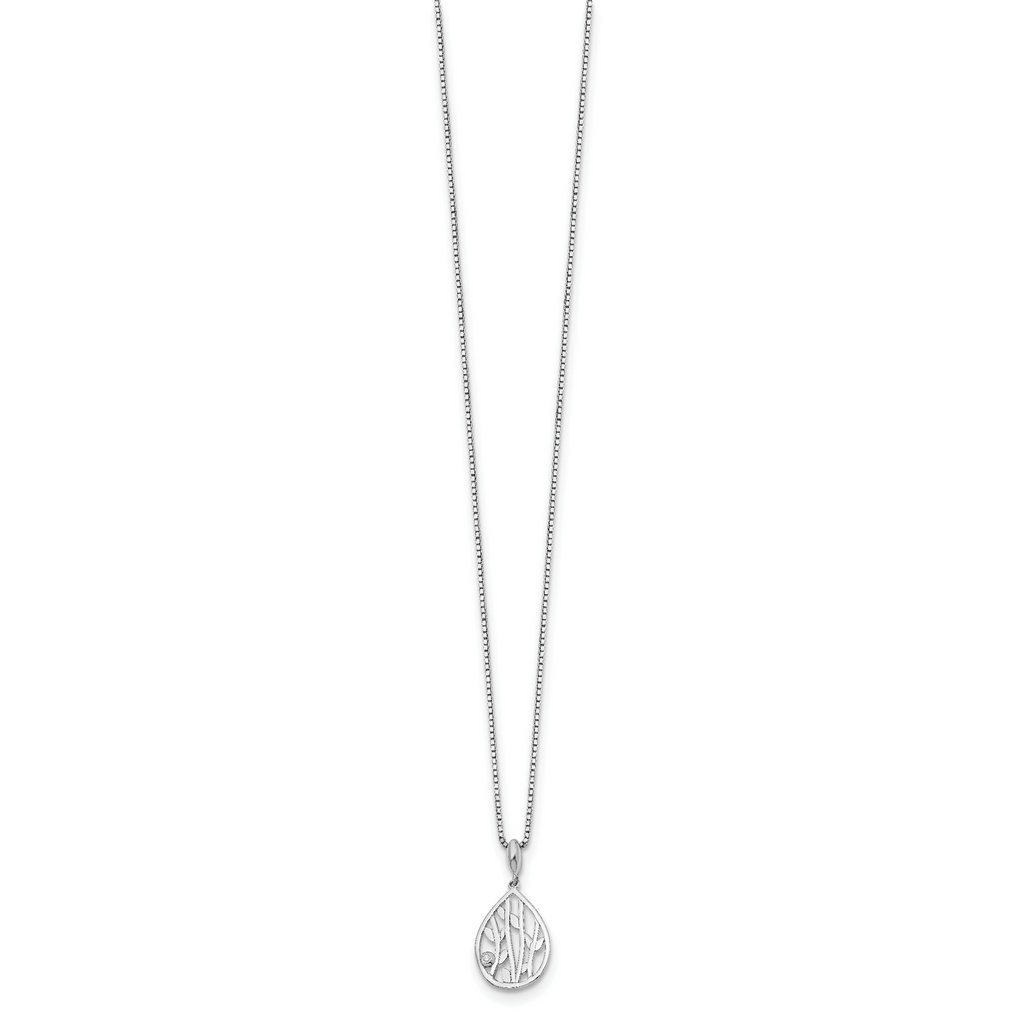 Sterling Silver Diamond Leaf Pendant Necklace with Rhodium Finish and Extender