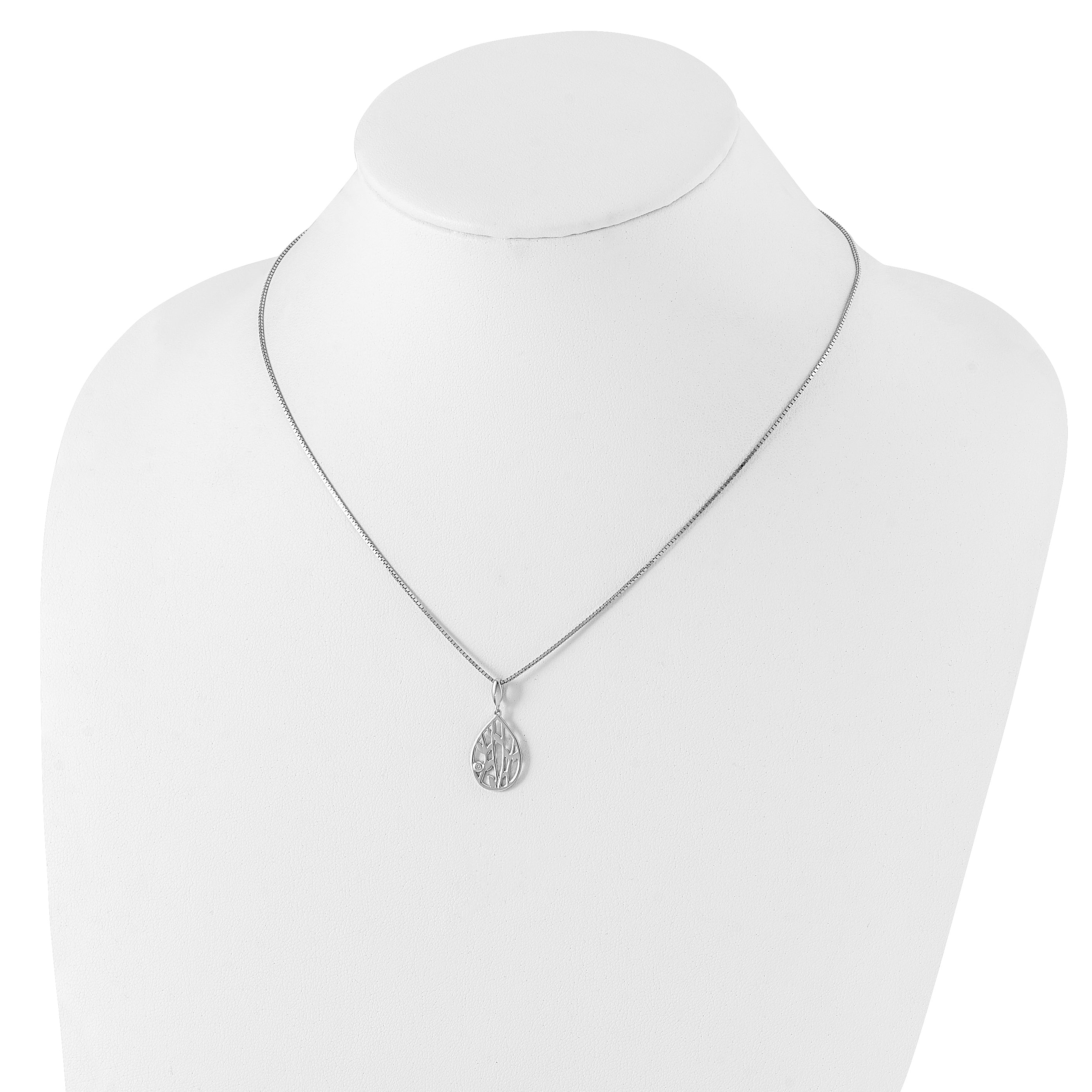 Sterling Silver Diamond Leaf Pendant Necklace with Rhodium Finish and Extender