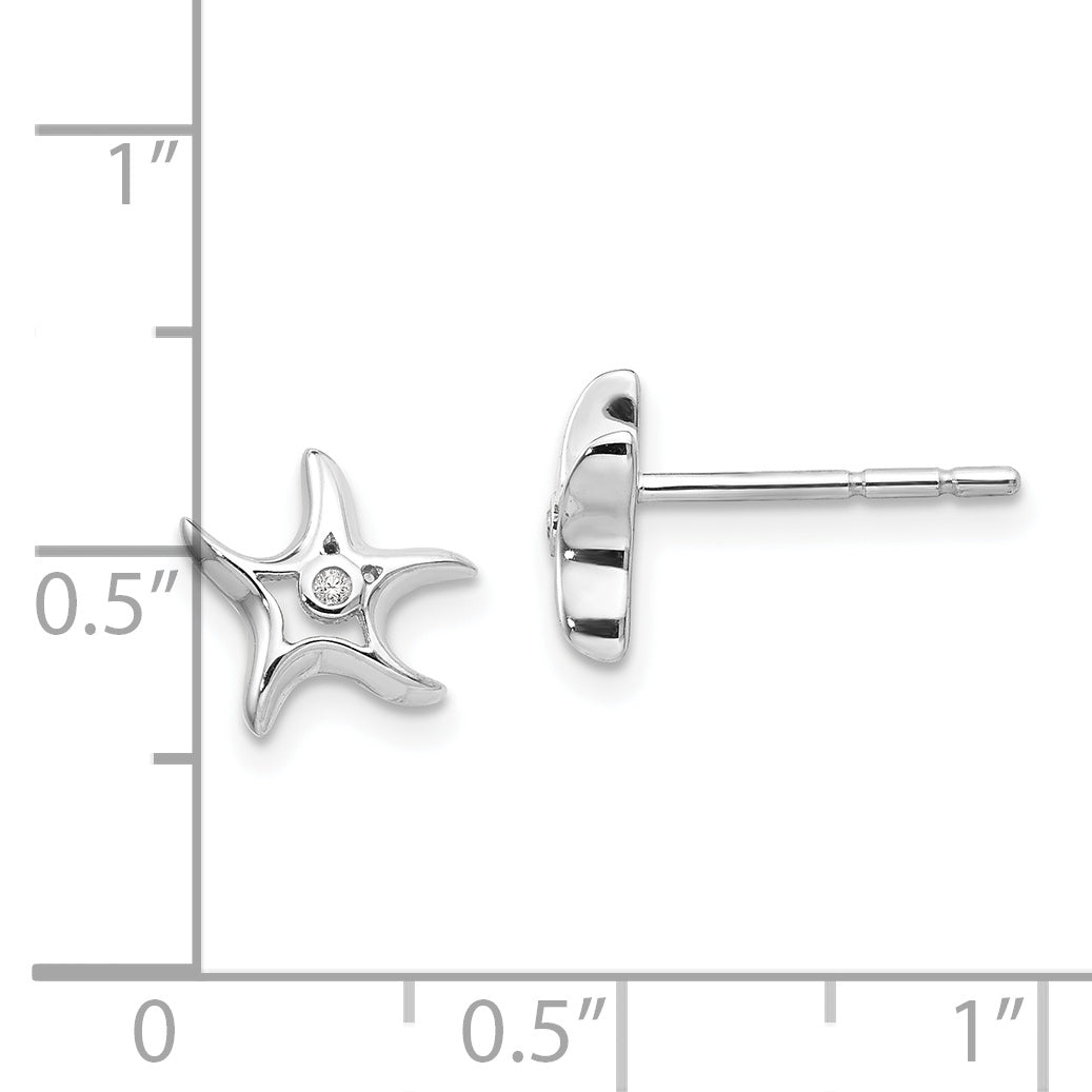 White Ice Sterling Silver Diamond Starfish Earrings with Polished Rhodium Finish