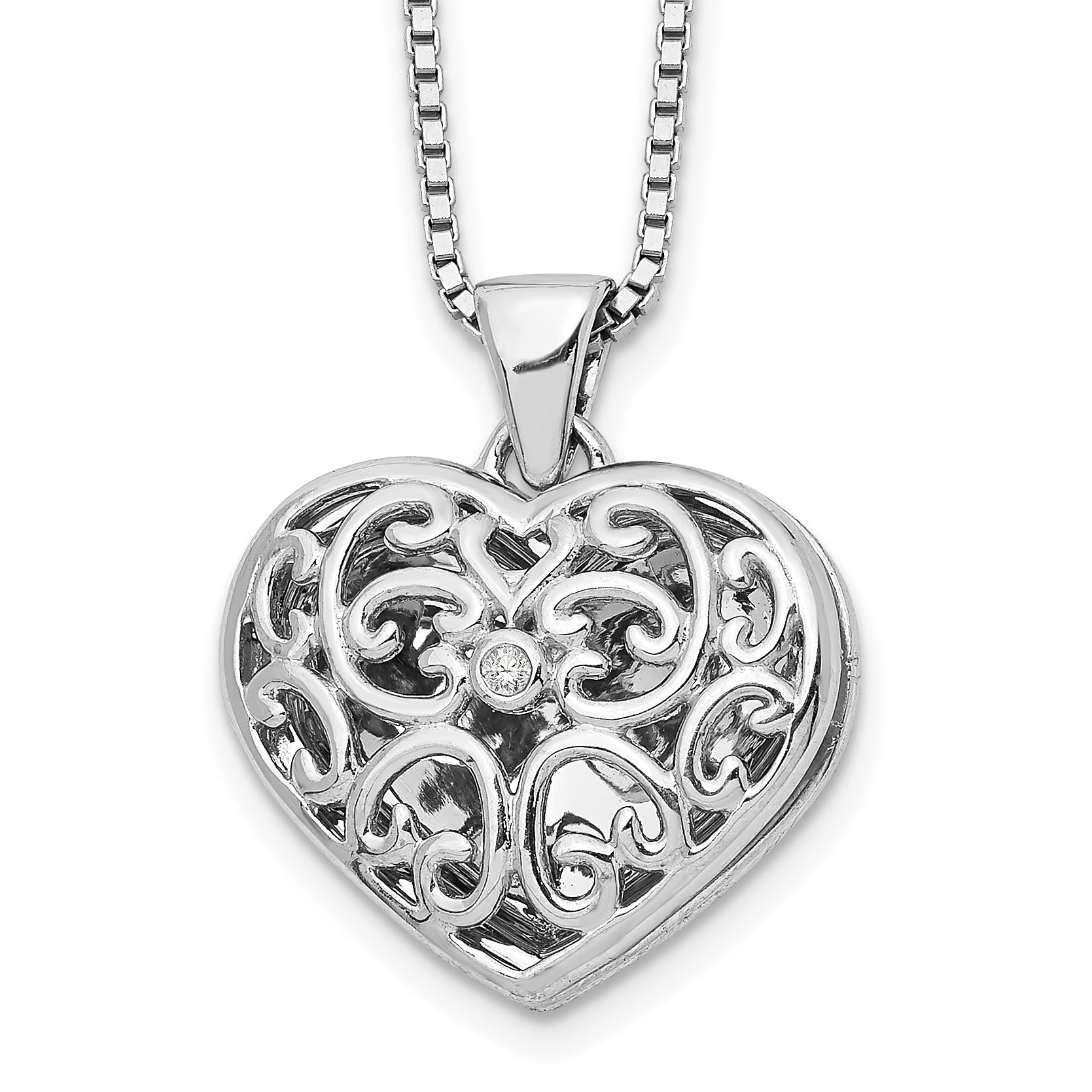 White Ice Sterling Silver Rhodium-plated 18 Inch Diamond Filigree Heart Locket Necklace with 2 Inch Extender Main image