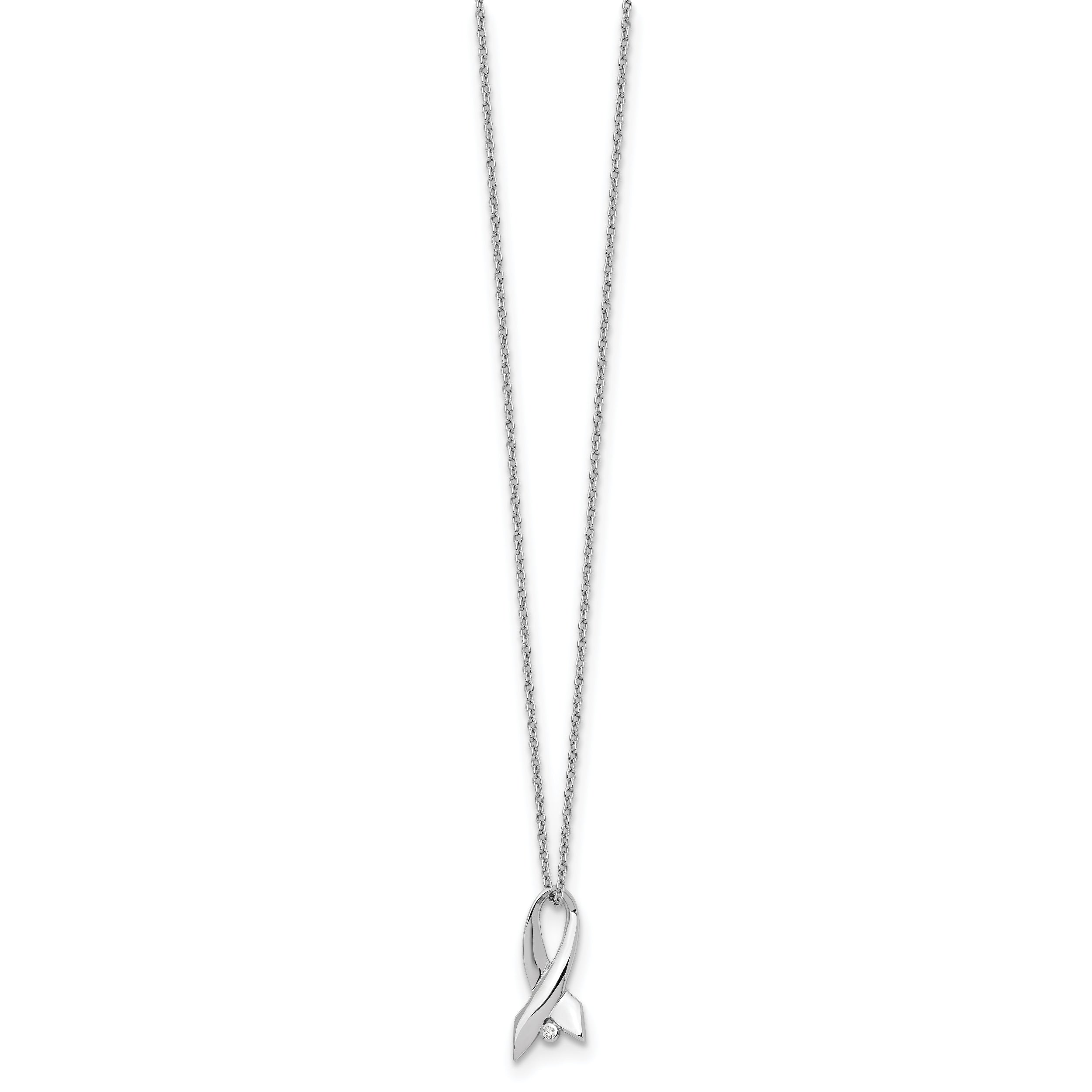 Sterling Silver Diamond Awareness Ribbon Necklace with Polished Rhodium Finish