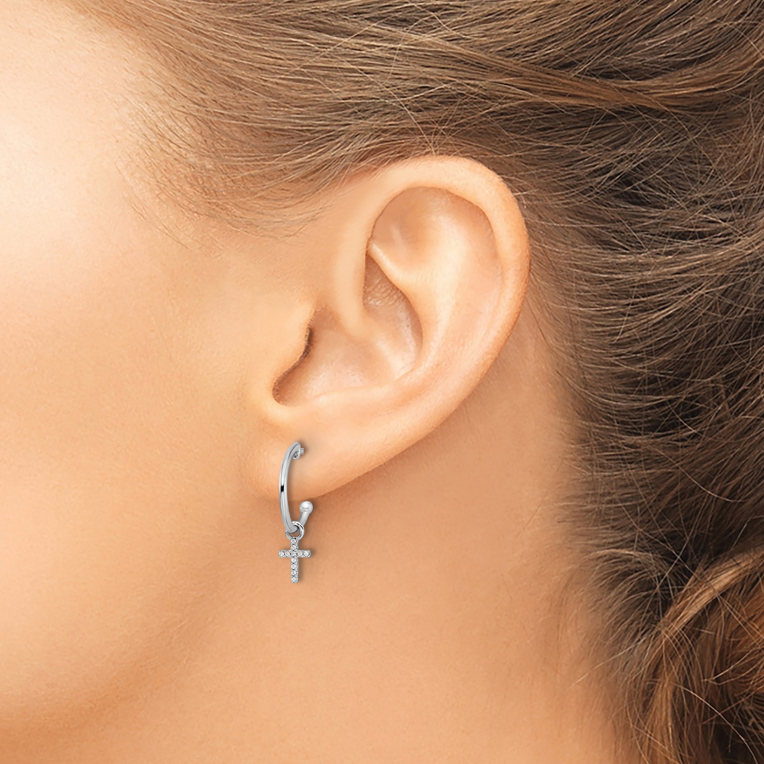 White Ice Sterling Silver Rhodium-plated Diamond Cross Dangle J-Hoop Post Earrings