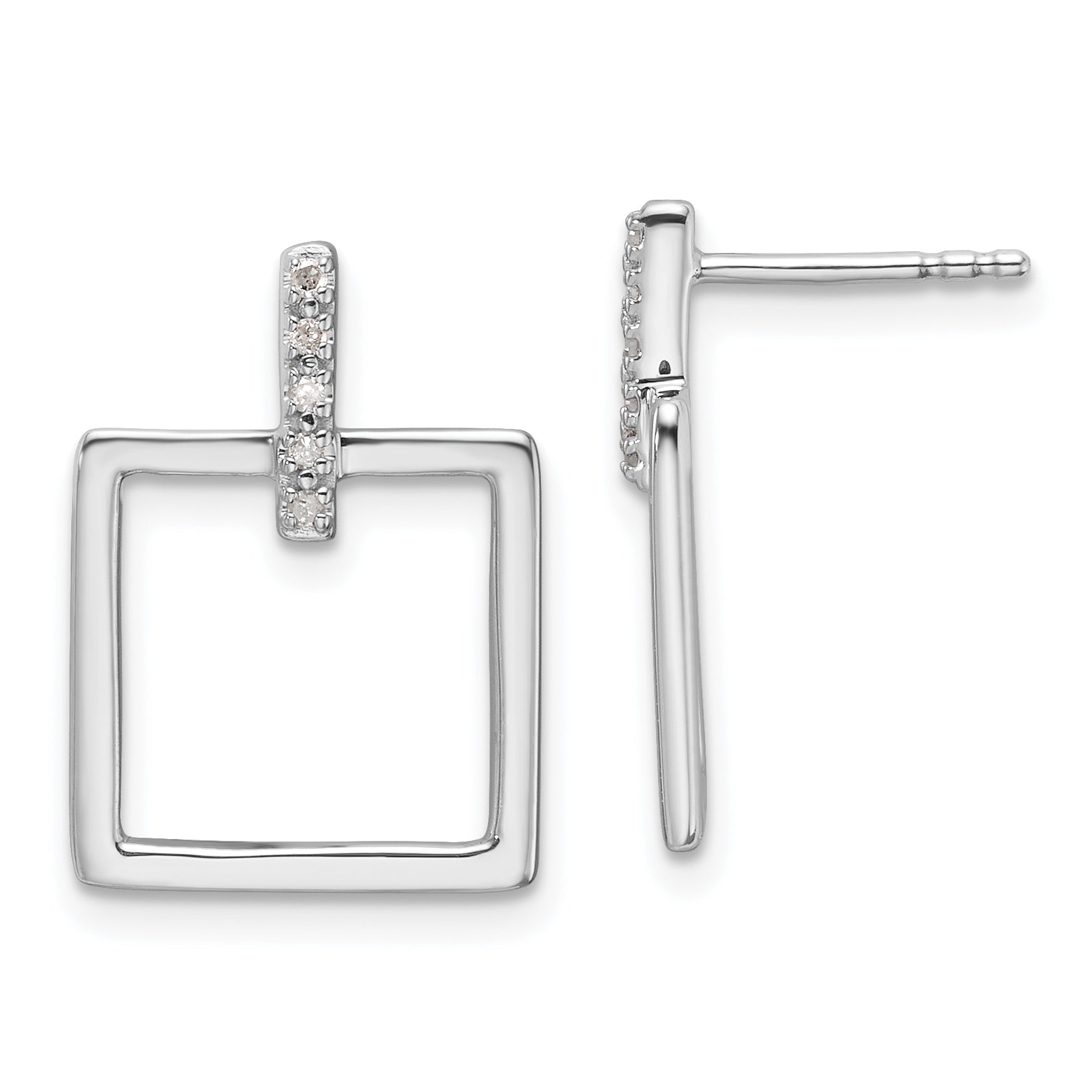 Sterling Silver RH Plated White Ice .05ct. Dia. Square Post Dangle Earrings