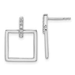 Sterling Silver RH Plated White Ice .05ct. Dia. Square Post Dangle Earrings