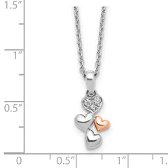 Sterling Silver RH Plated White Ice Dia. Heart Rose-tone w/2IN EXT Necklace