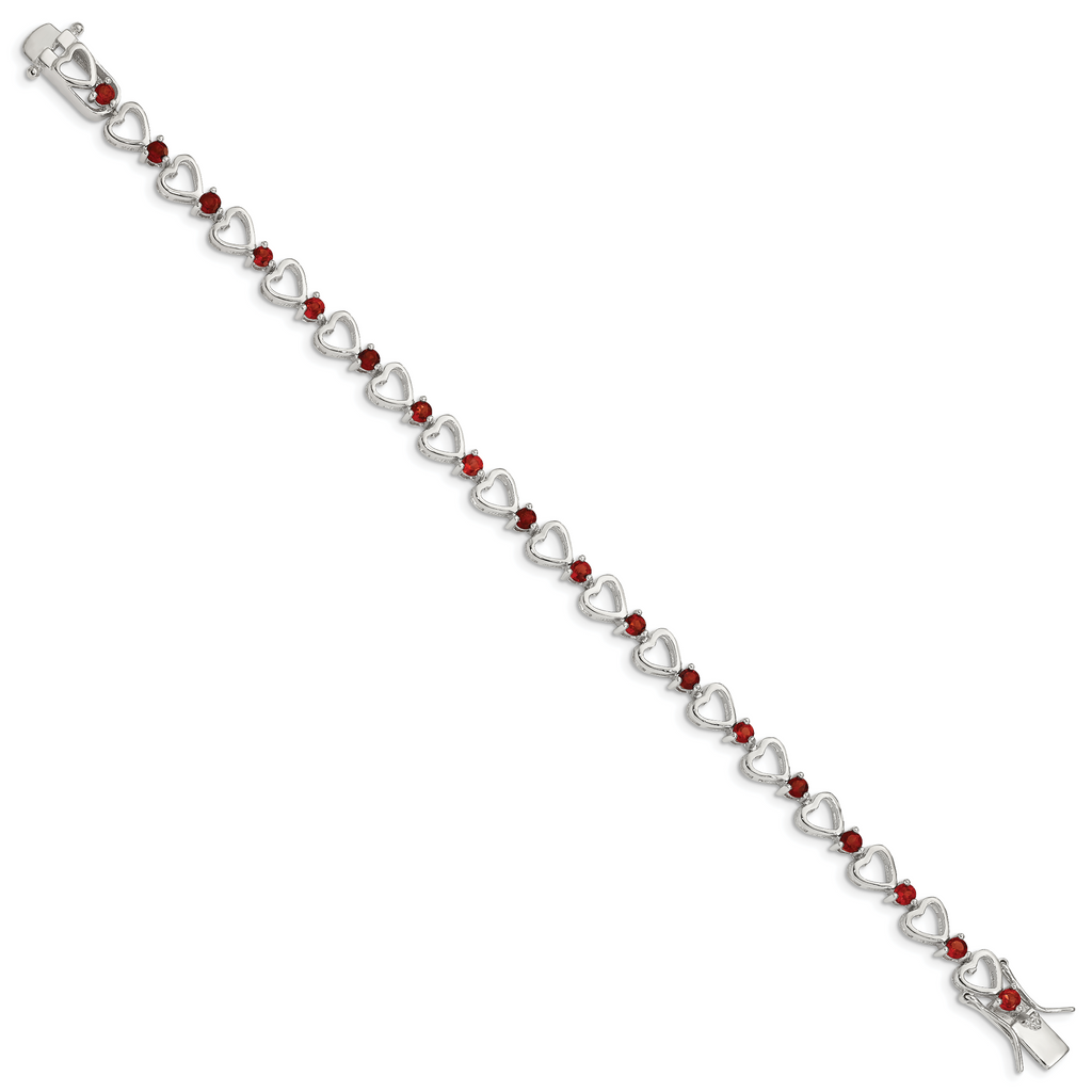 Sterling Silver Rhodium-plated Garnet Heart Bracelet