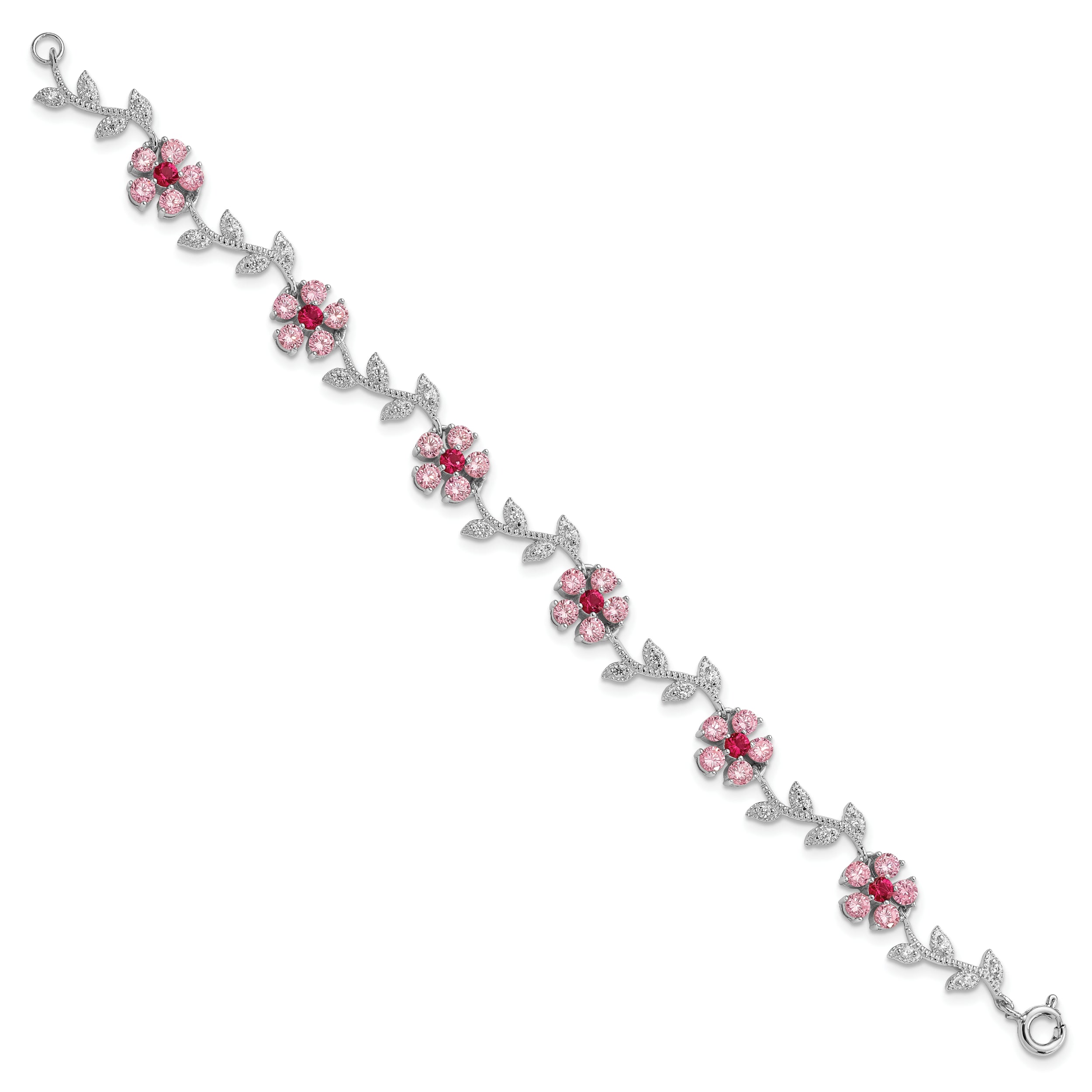 Sterling Silver Rhod-plated 7.75in Pink and Clear CZ Flower Bracelet