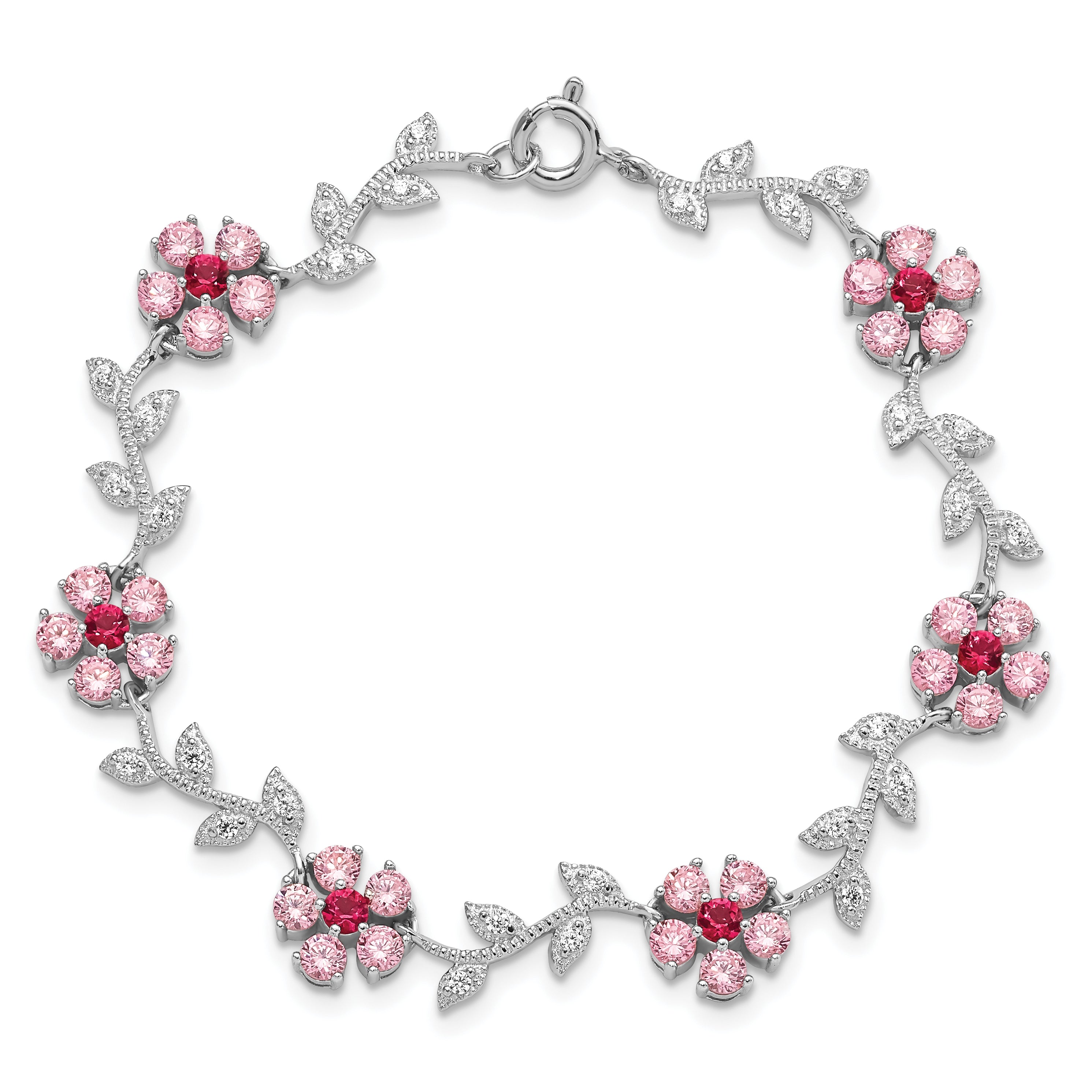 Sterling Silver Rhod-plated 7.75in Pink and Clear CZ Flower Bracelet