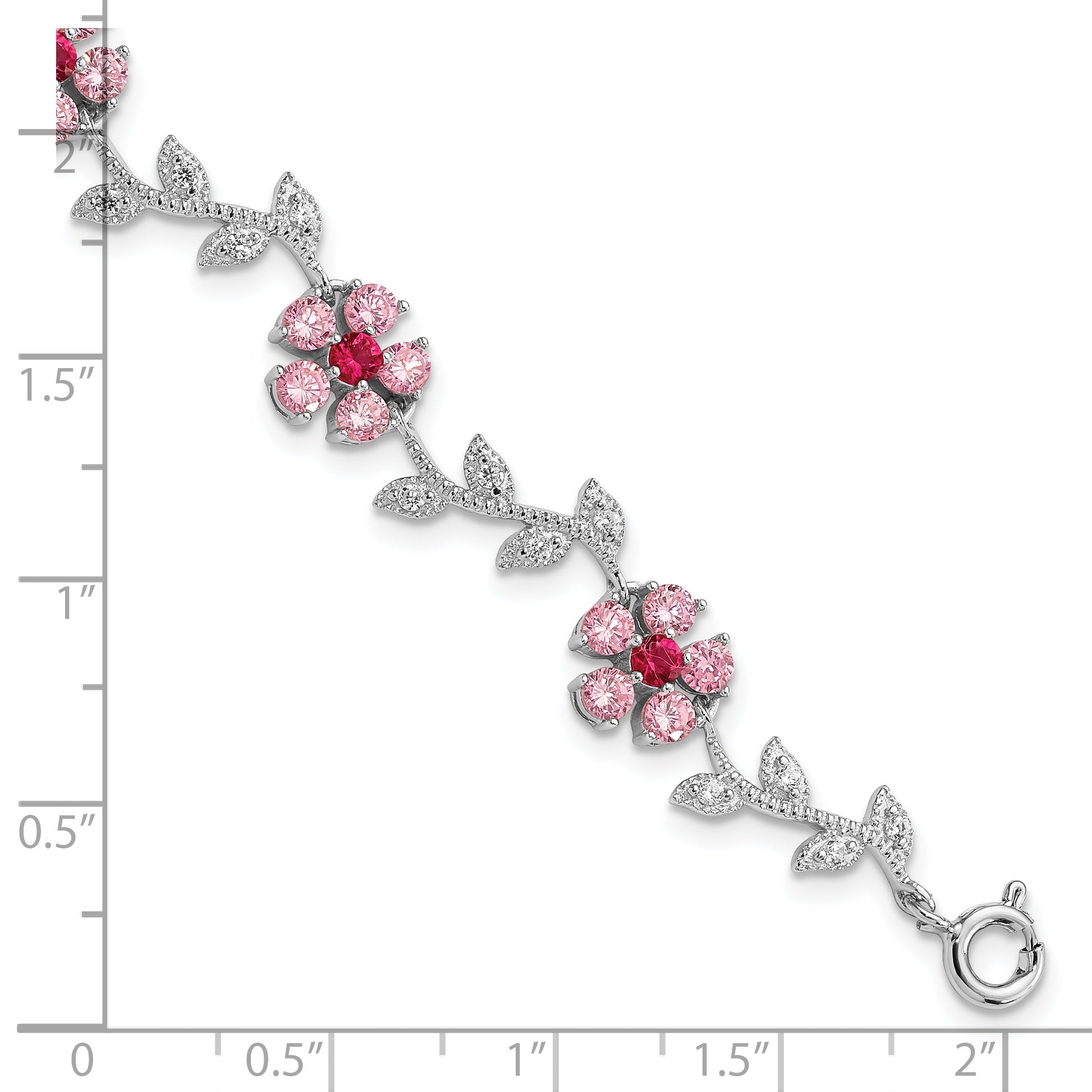 Sterling Silver Rhod-plated 7.75in Pink and Clear CZ Flower Bracelet