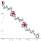 Sterling Silver Rhod-plated 7.75in Pink and Clear CZ Flower Bracelet