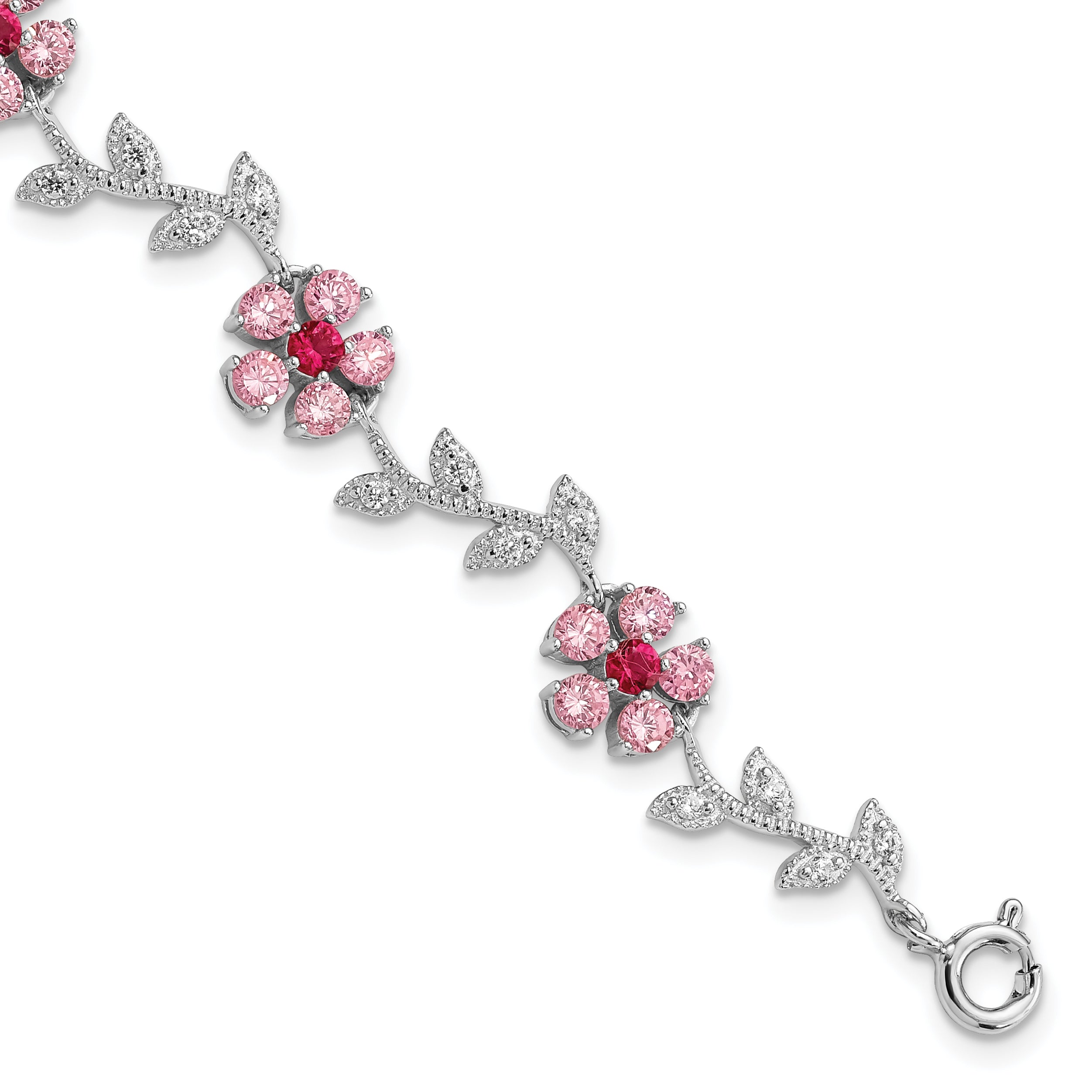 Sterling Silver Rhod-plated 7.75in Pink and Clear CZ Flower Bracelet