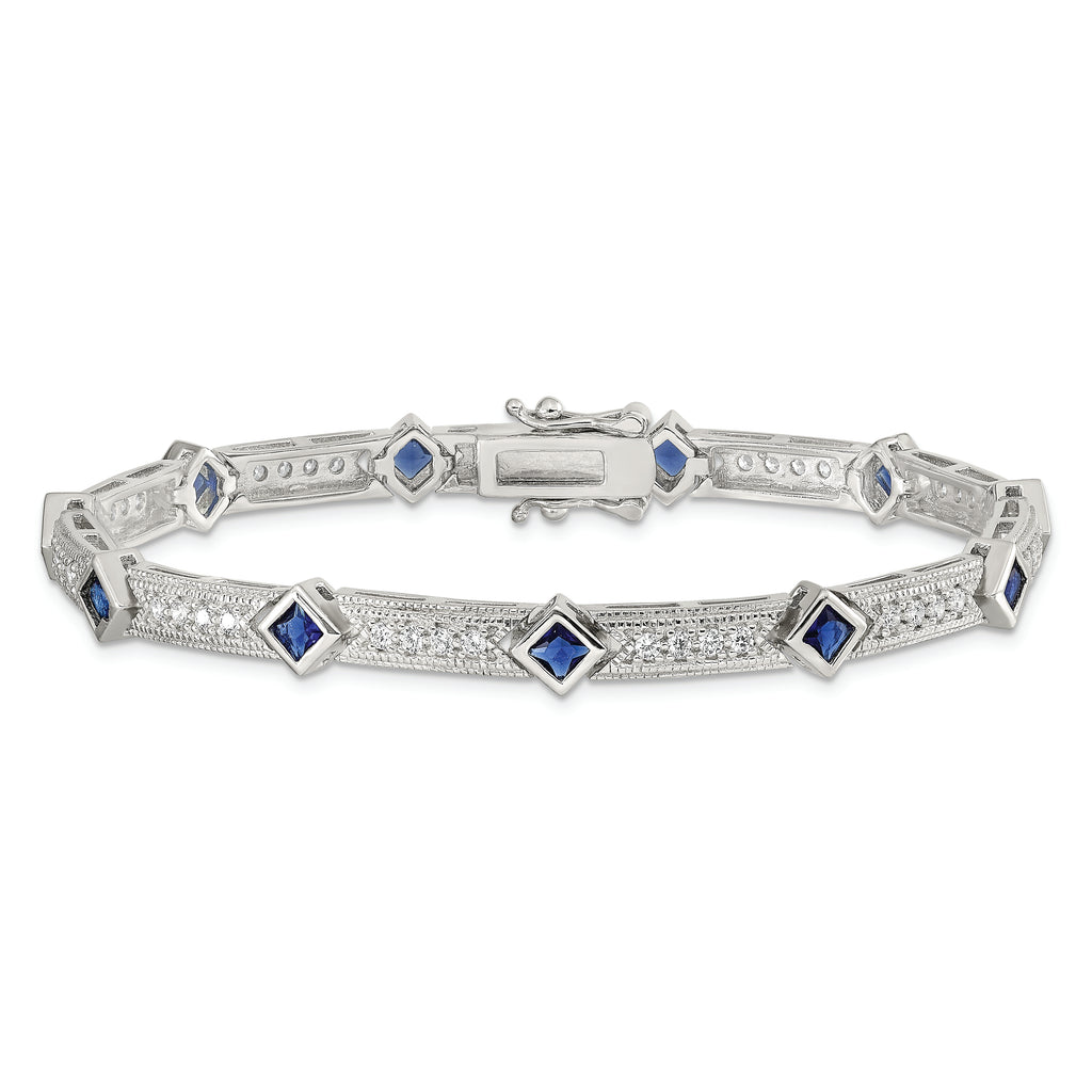 Sterling Silver Rhodium-plated Blue Glass and CZ 7.25 inch Bracelet