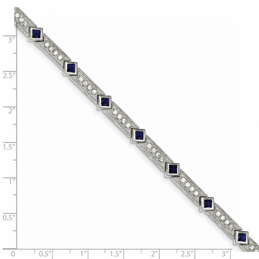 Sterling Silver Rhodium-plated Blue Glass and CZ 7.25 inch Bracelet