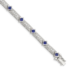 Sterling Silver Rhodium-plated Blue Glass and CZ 7.25 inch Bracelet