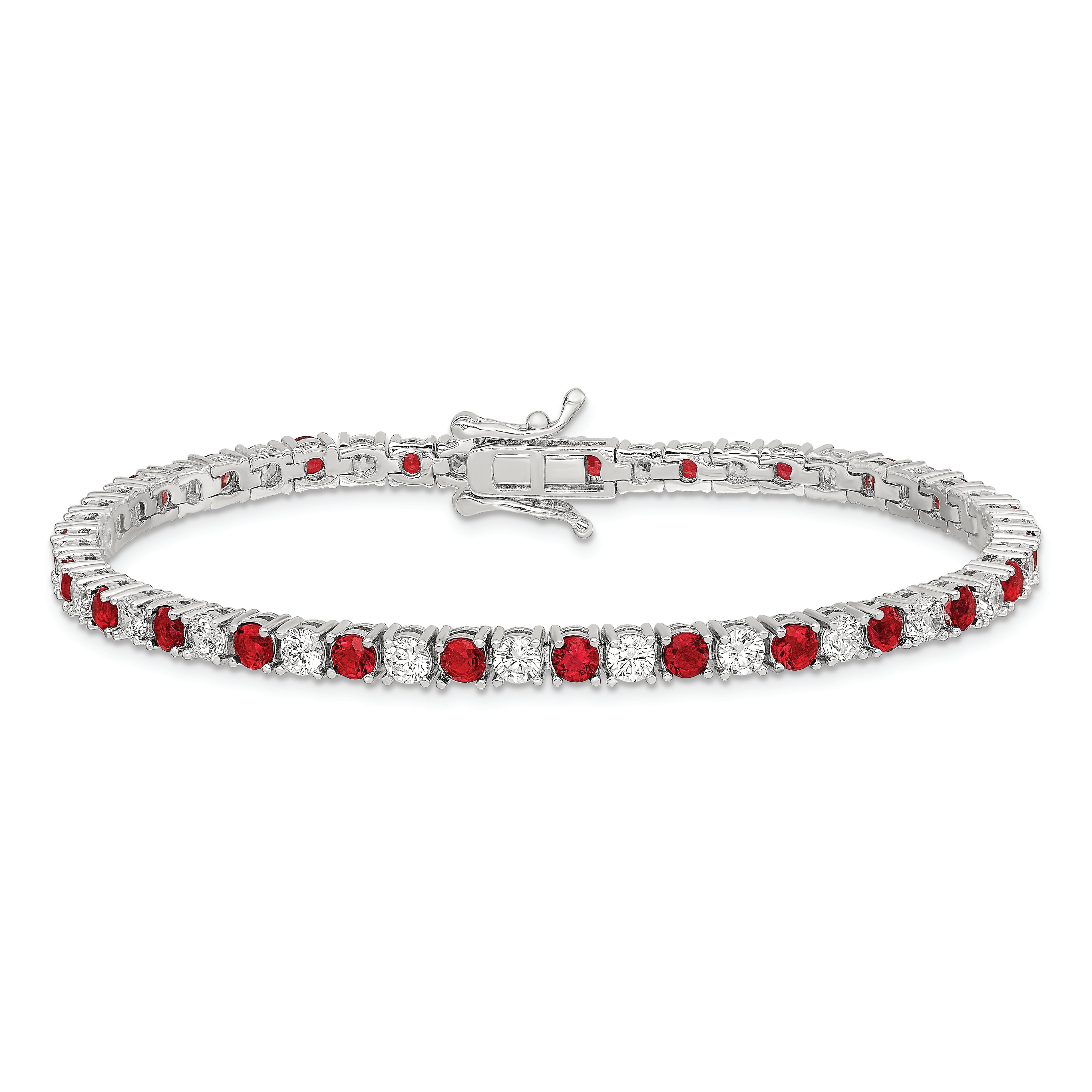 Sterling Silver Rhodium-plated Red Glass and CZ  7 inch Bracelet