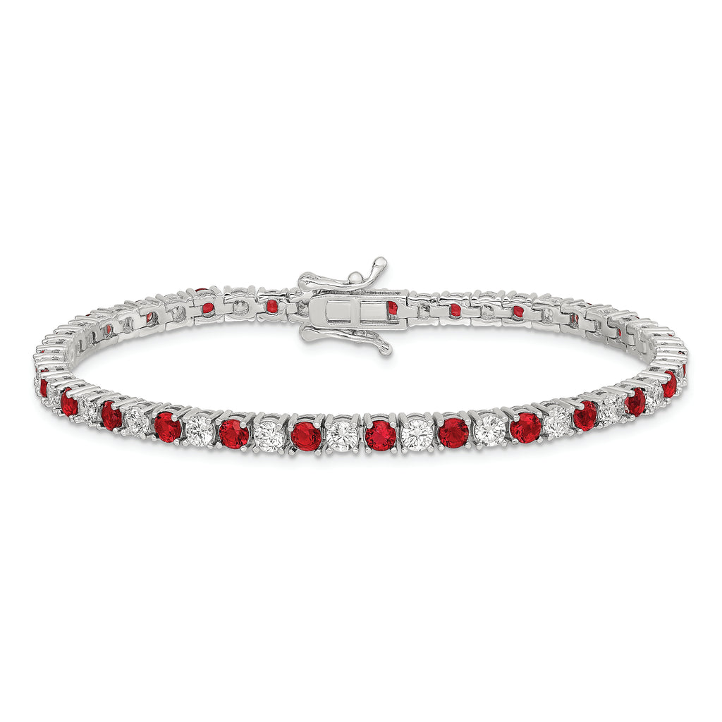 Sterling Silver Rhodium-plated Red Glass and CZ  7 inch Bracelet