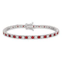 Sterling Silver Rhodium-plated Red Glass and CZ  7 inch Bracelet