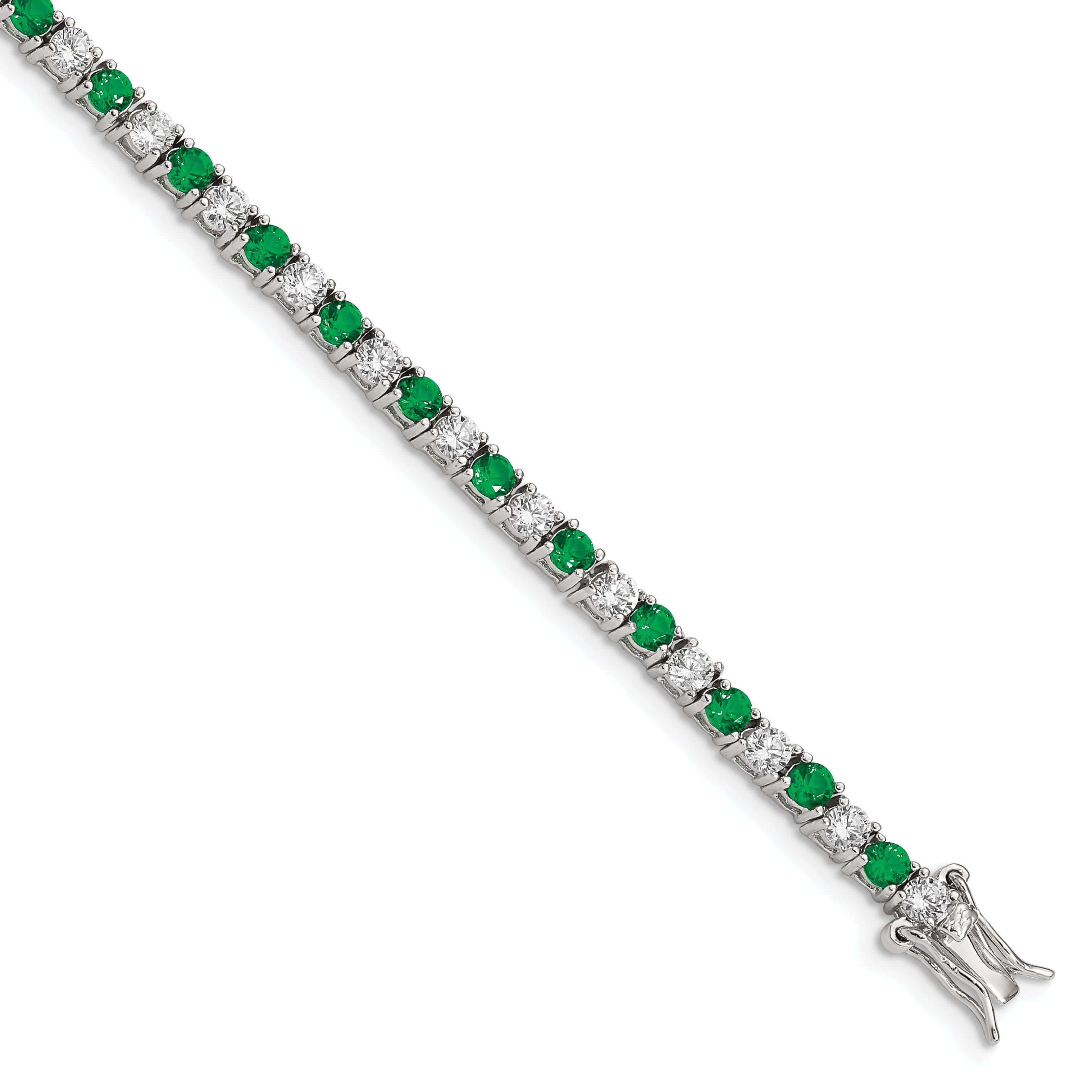 Sterling Silver Rhodium-plated Green Glass and CZ  7 inch Bracelet Main image