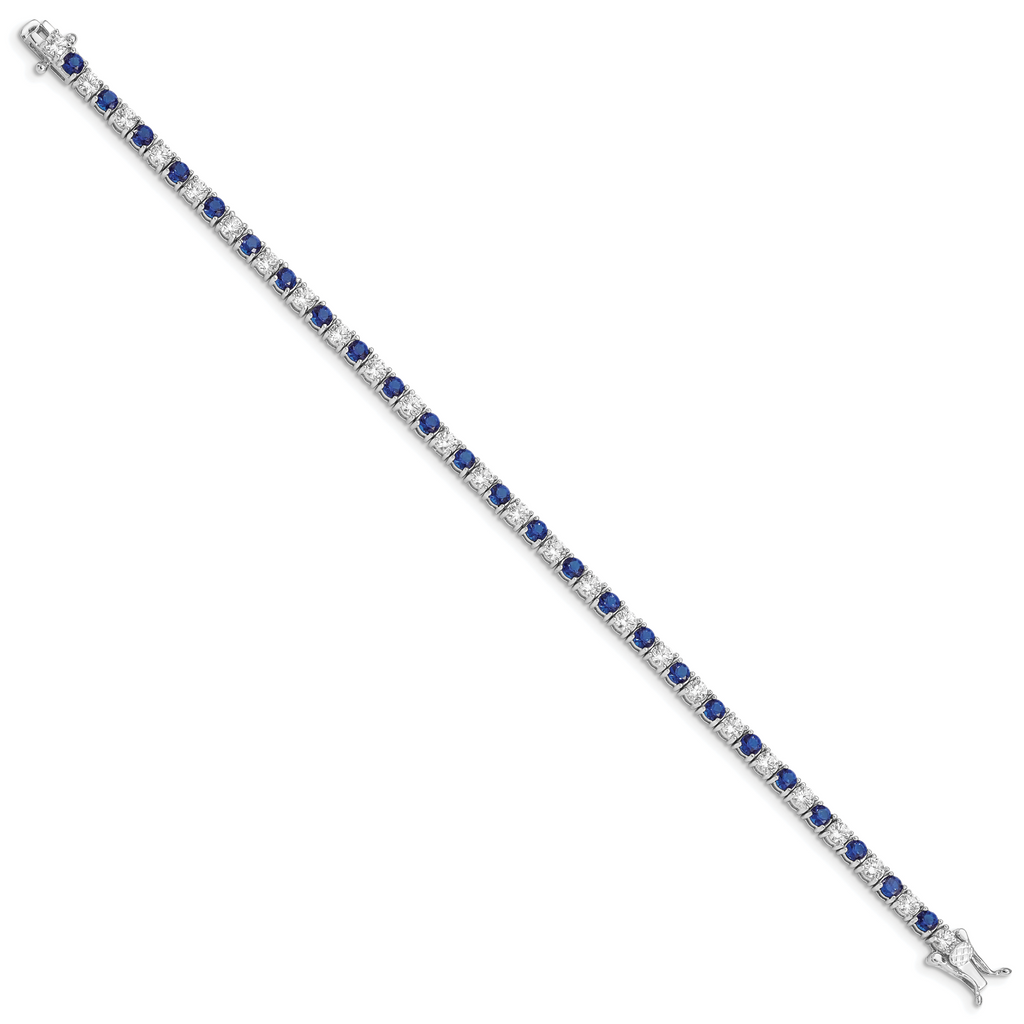 Sterling Silver Rhodium-plated Blue Glass and CZ 7 inch Bracelet