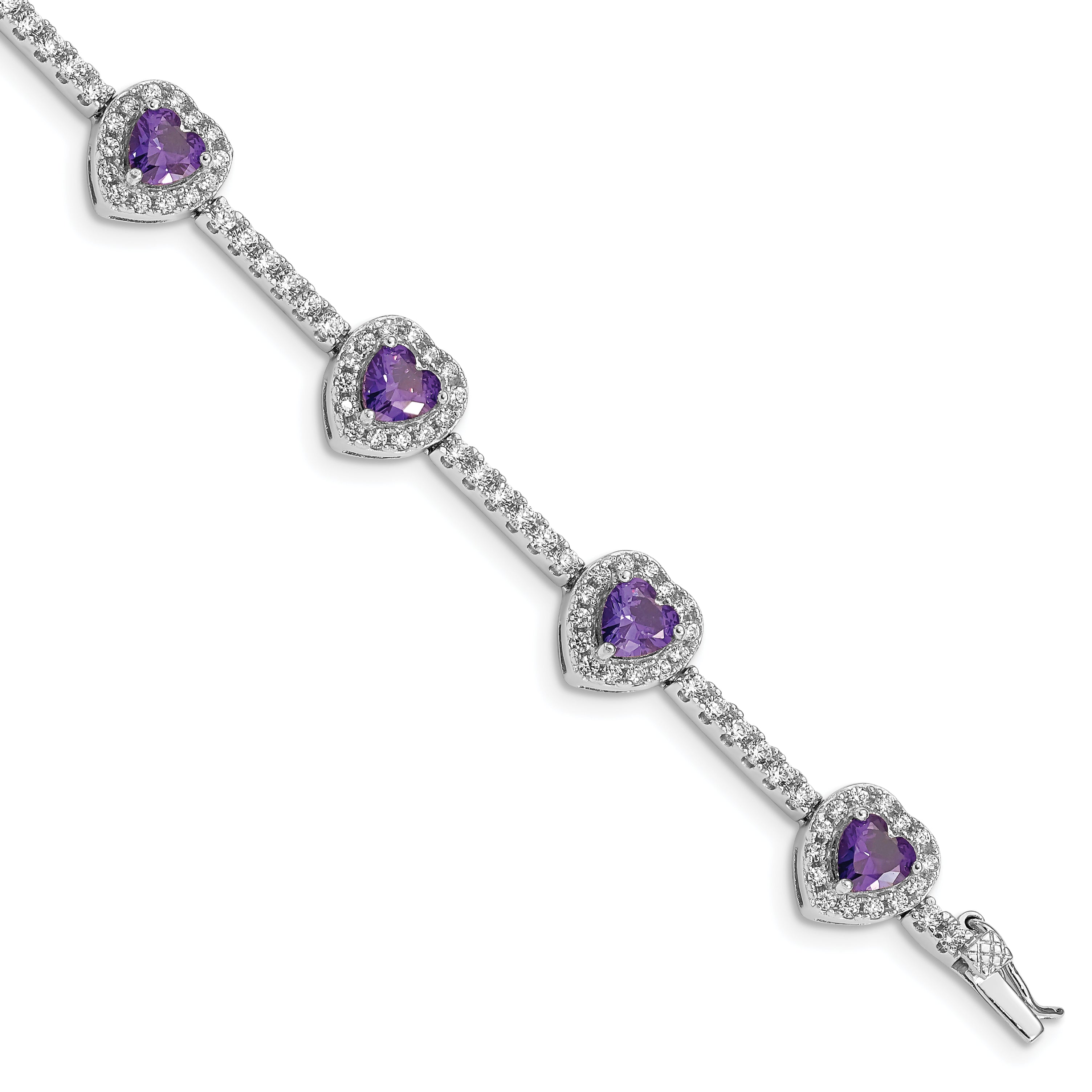 Sterling Silver Rhodium-plated Amethyst and Clear CZ Heart Bracelet Main image
