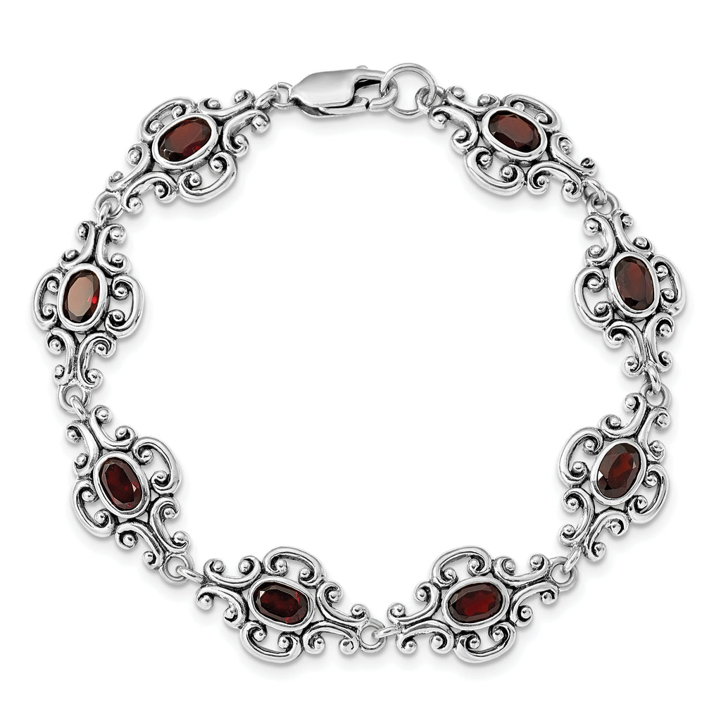 Sterling Silver Rhodium Plated Antiqued Garnet Bracelet