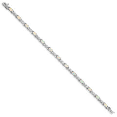 Sterling Silver 7.5inch Rhod-plated White Created Opal and CZ Bracelet