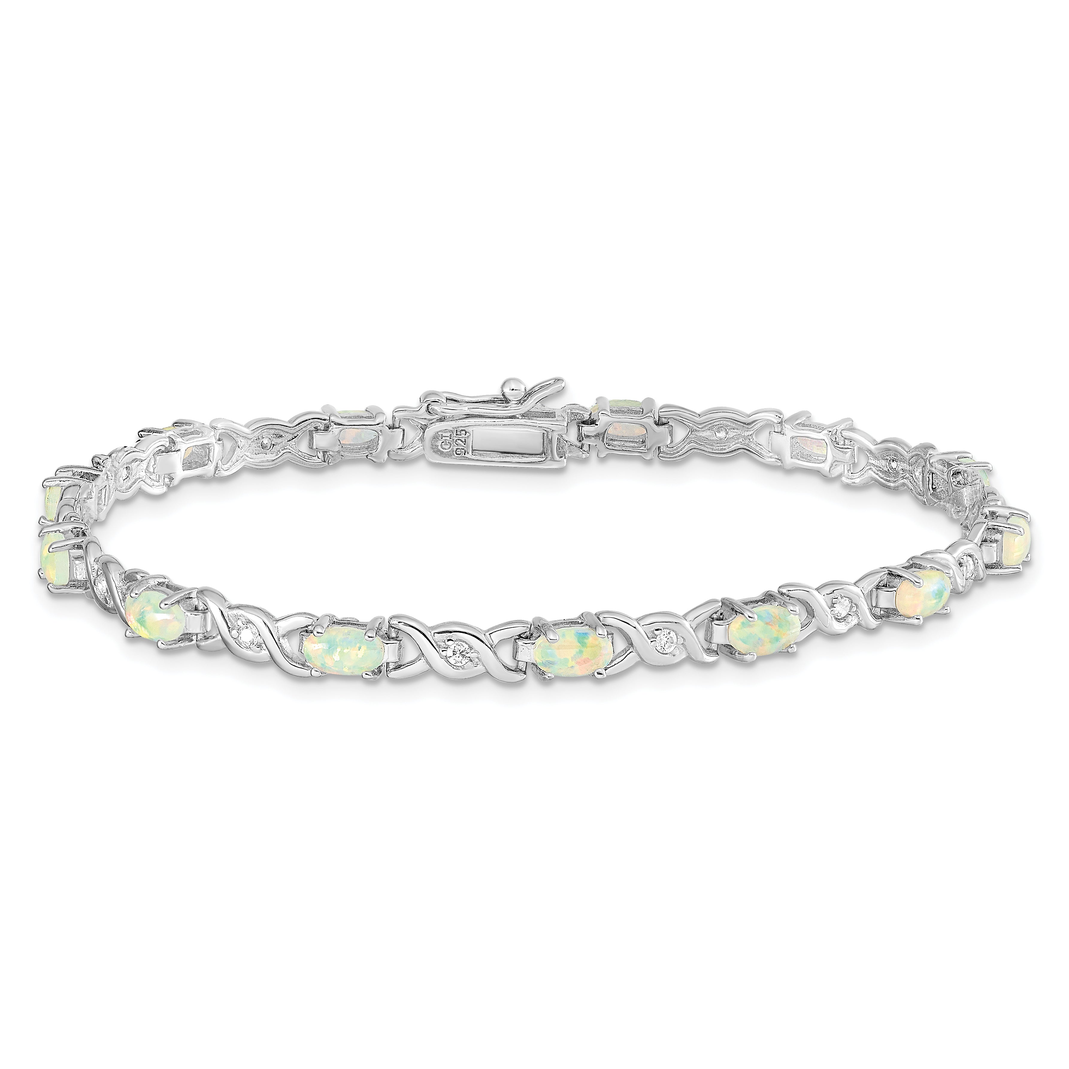 Sterling Silver 7.5inch Rhod-plated White Created Opal and CZ Bracelet