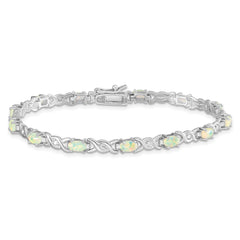 Sterling Silver 7.5inch Rhod-plated White Created Opal and CZ Bracelet