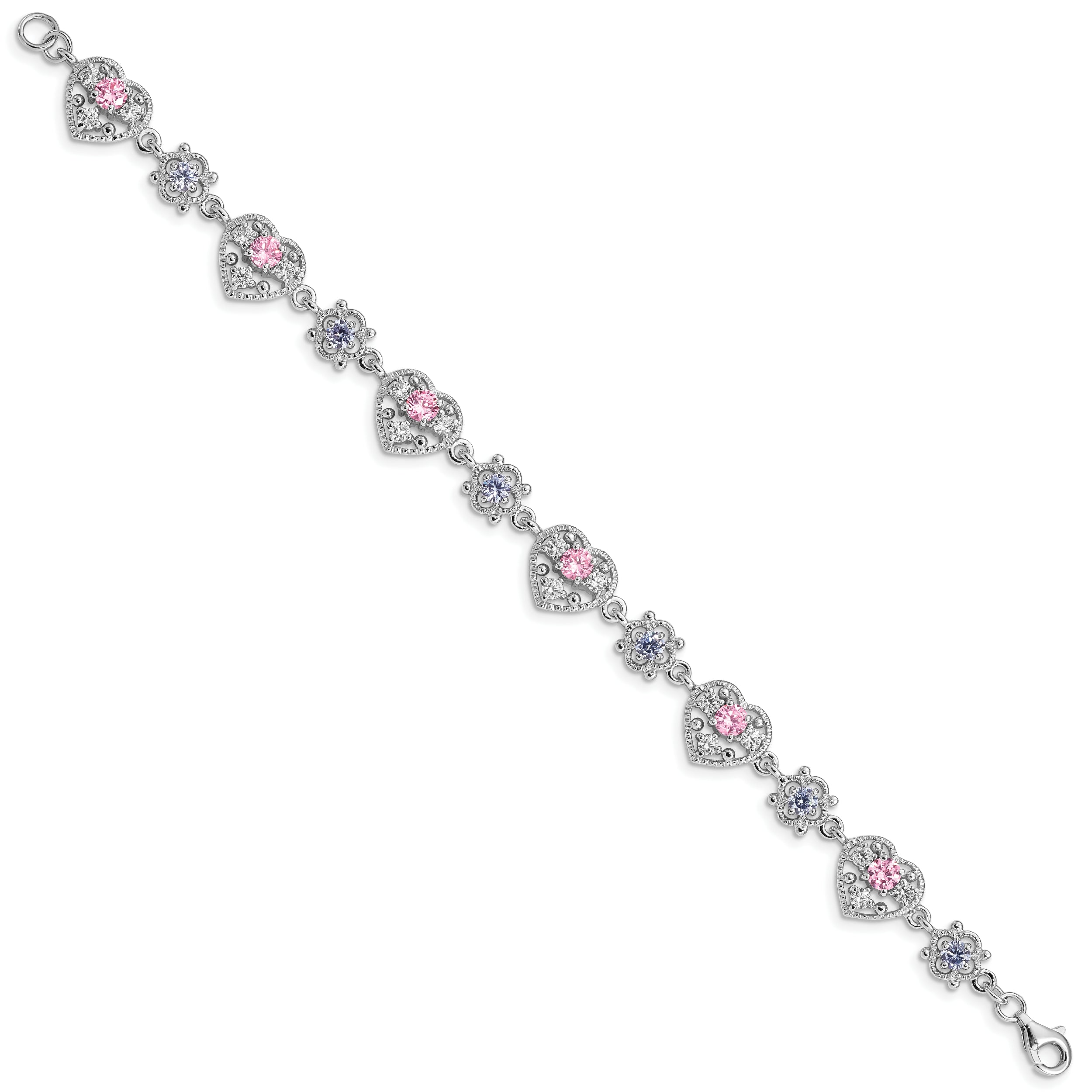 Sterling Silver Rhod-plated 7inch Pink and Clear CZ Heart Bracelet