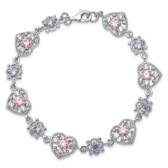 Sterling Silver Rhod-plated 7inch Pink and Clear CZ Heart Bracelet
