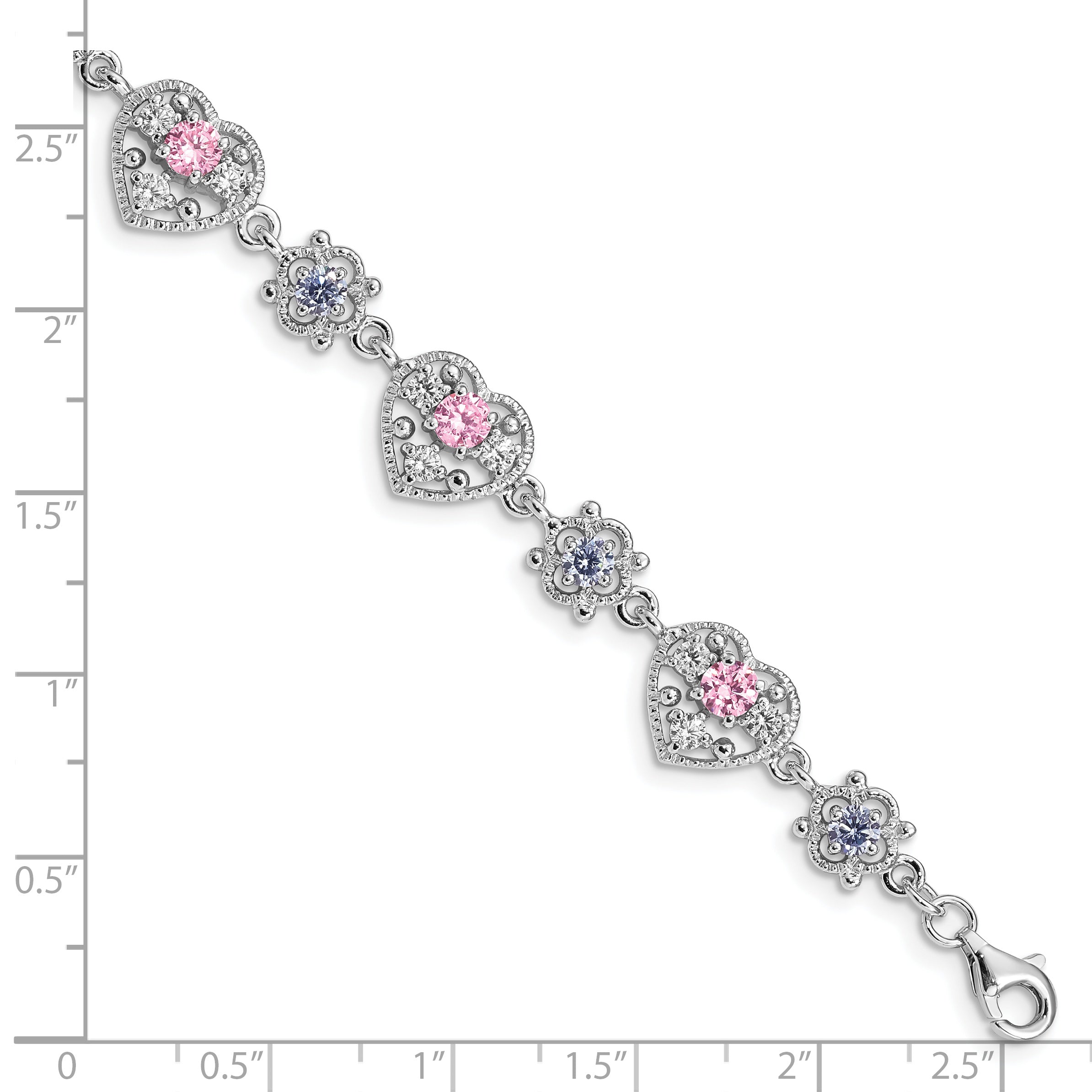 Sterling Silver Rhod-plated 7inch Pink and Clear CZ Heart Bracelet